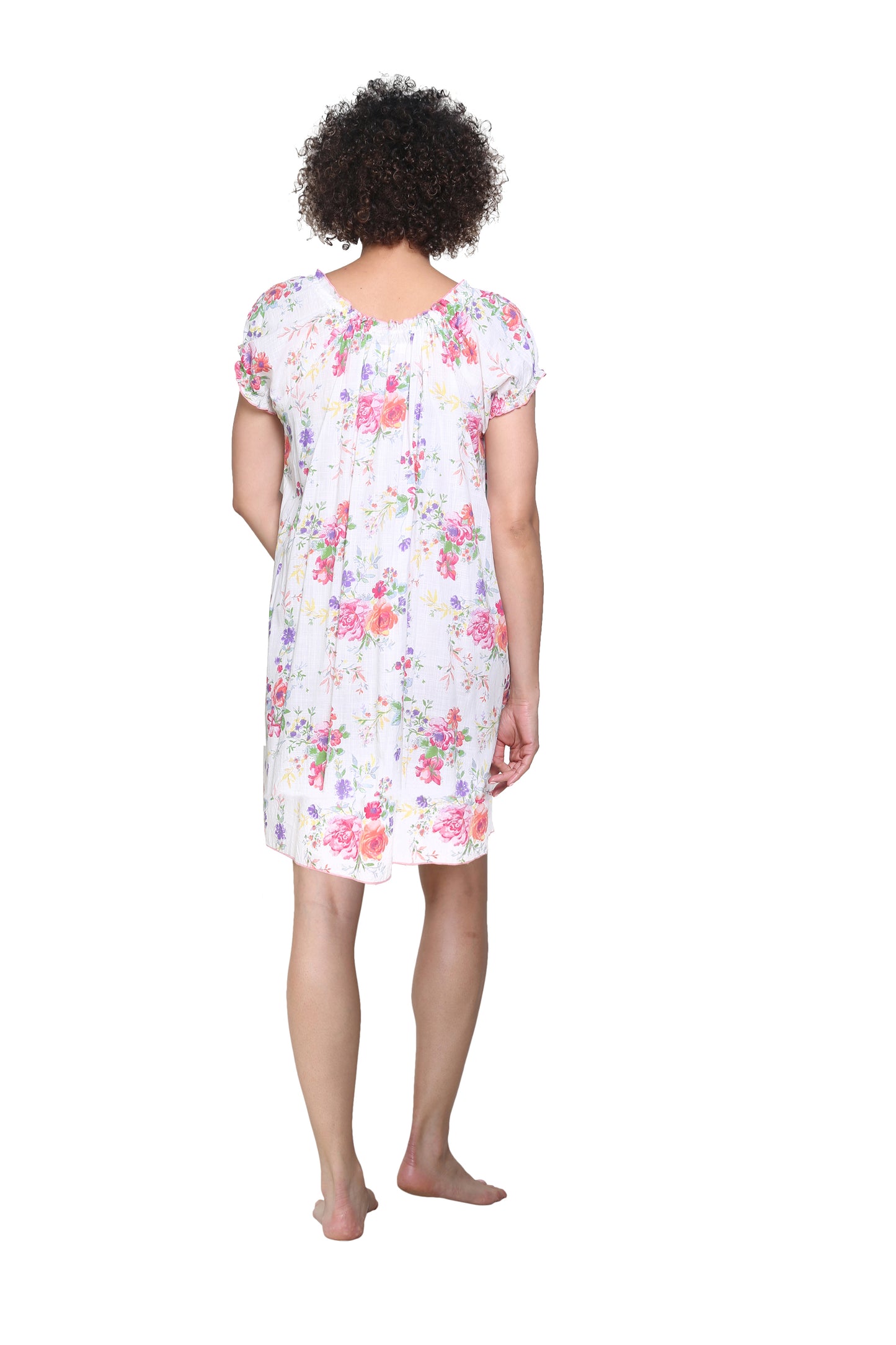 Drawstring Neckline Cotton Print Chemise - La Cera