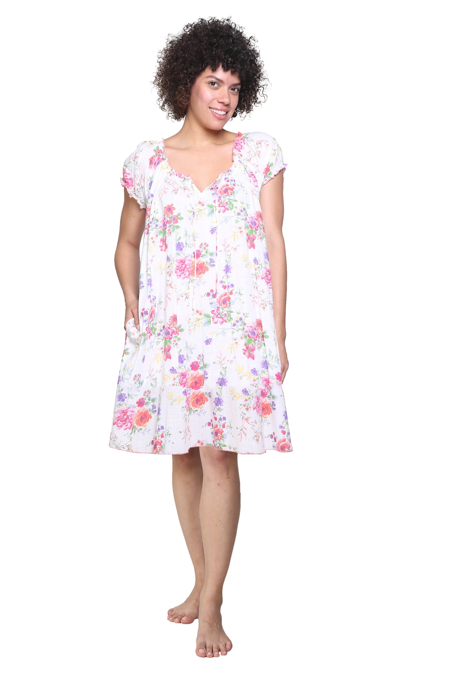 Drawstring Neckline Cotton Print Chemise - La Cera