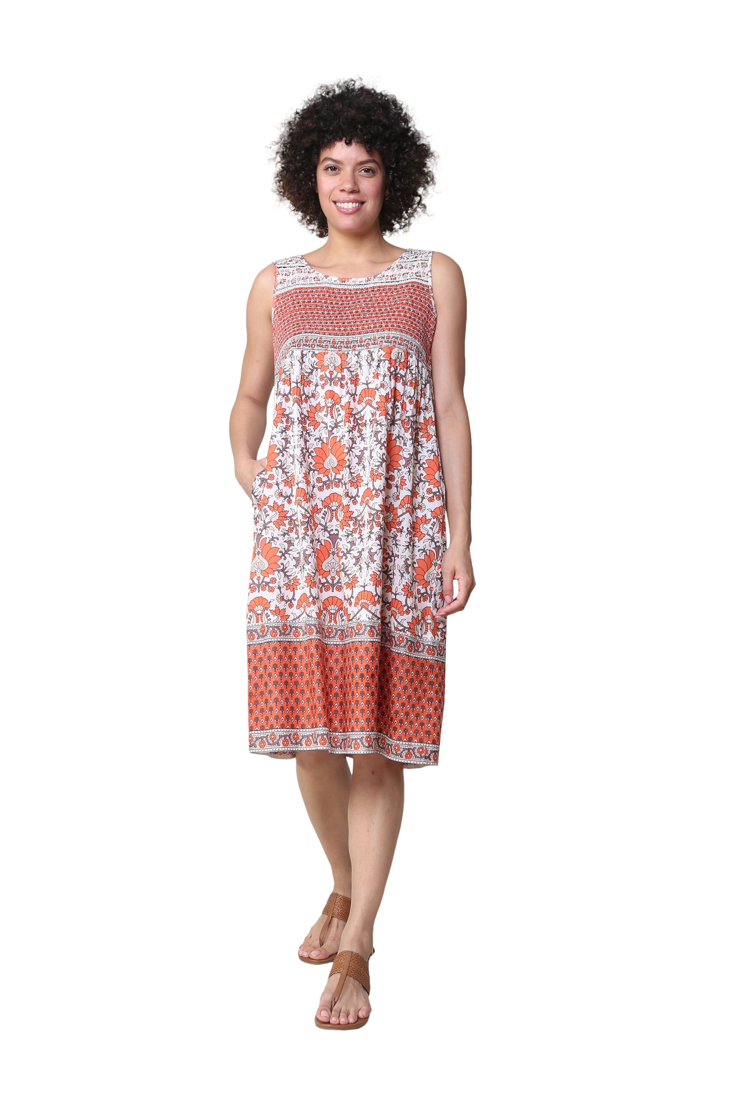 La Cera Vestido Sin Mangas Floral Coral 100% Algodón