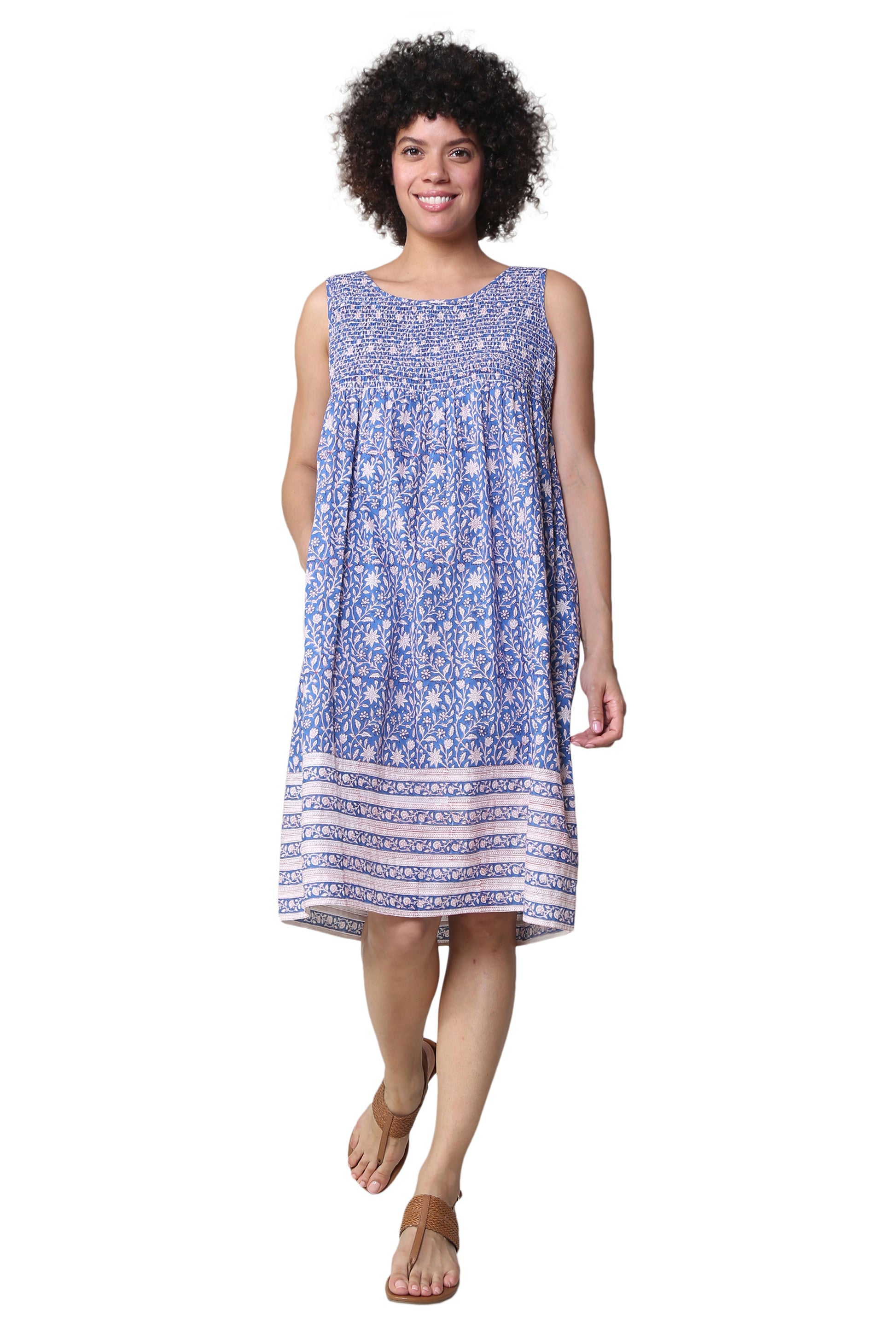 La Cera 100% Cotton Elegant Blue Floral Sleeveless Dress - La Cera