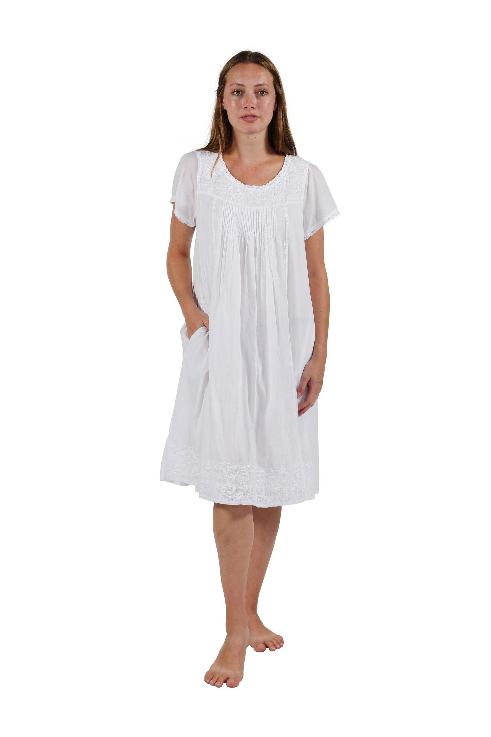Cap Sleeve 100% Cotton White Embroidered Gown - La Cera