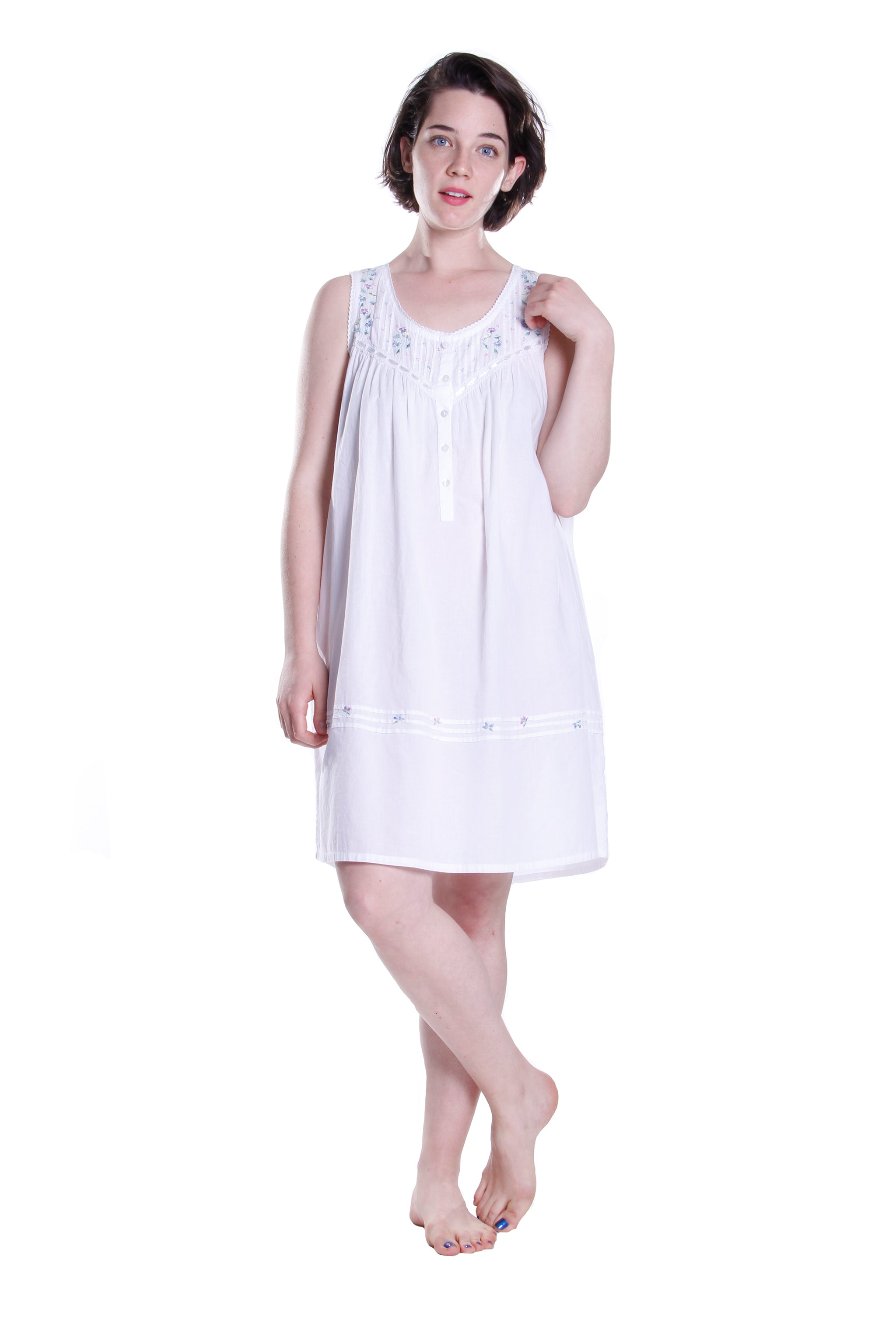 100% Cotton Sleeveless Embroidered Chemise - La Cera