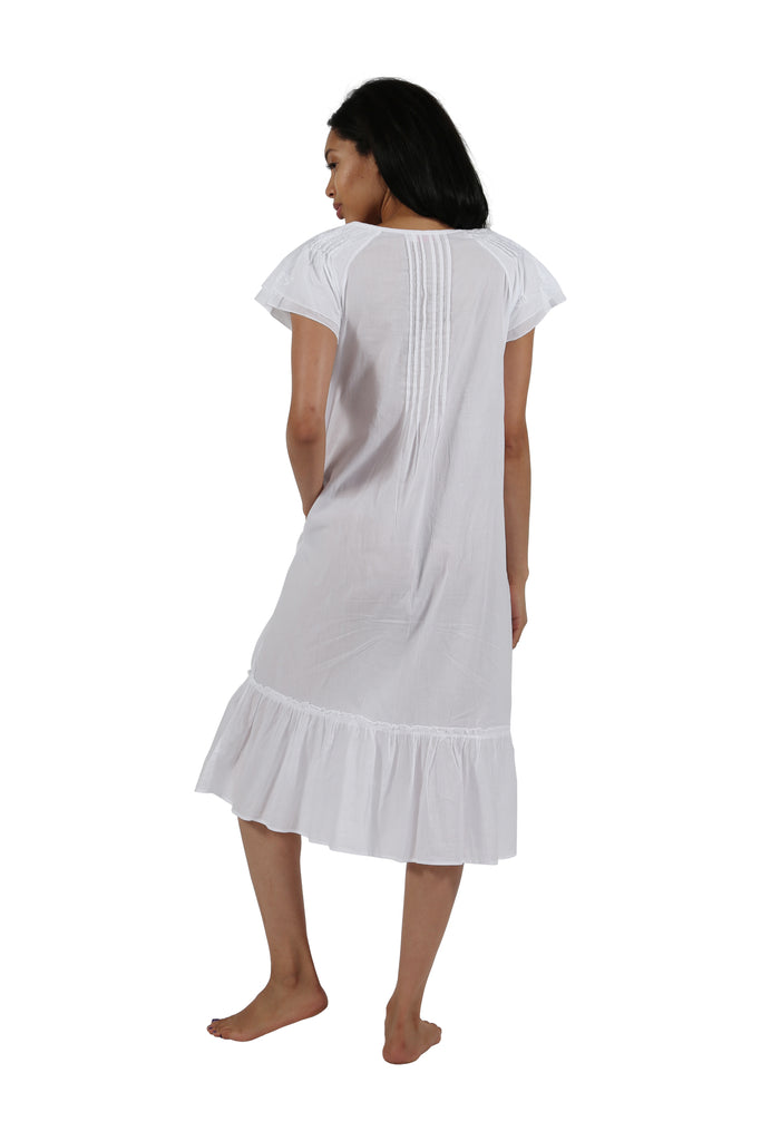 La Cera Double Cap Short Sleeve Cotton Embroidered Gown - La Cera