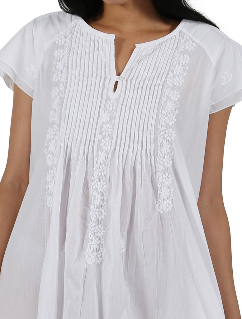 La Cera Double Cap Short Sleeve Cotton Embroidered Gown - La Cera