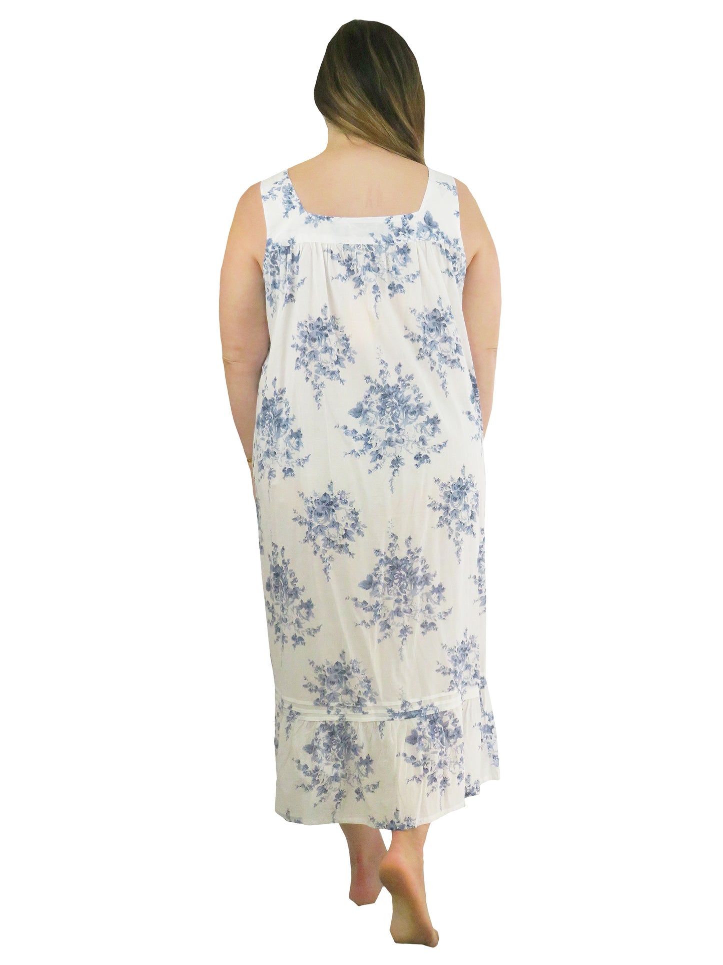 Vestido con volantes y ribete de encaje 100% algodón de talla grande - Estampado floral azul y blanco