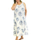 Vestido con volantes y ribete de encaje 100% algodón de talla grande - Estampado floral azul y blanco