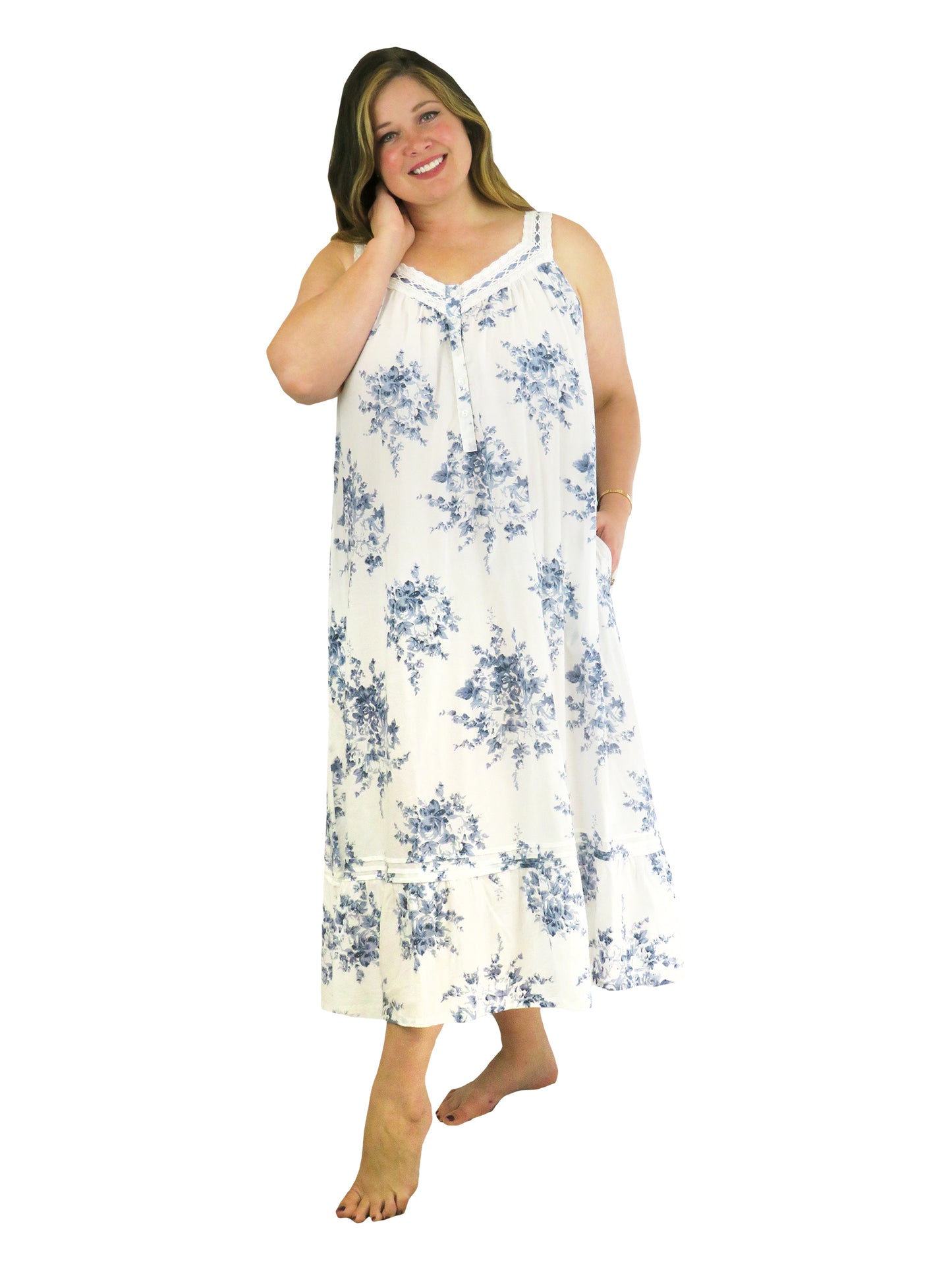 Vestido con volantes y ribete de encaje 100% algodón de talla grande - Estampado floral azul y blanco