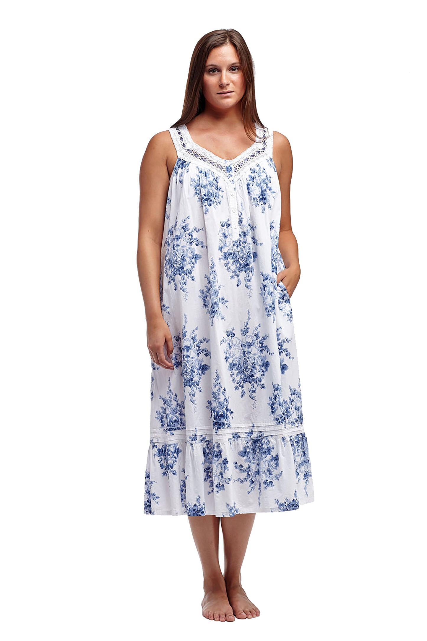 100% Cotton Lace Trim Flounce Gown- Blue and White Floral Print - La Cera