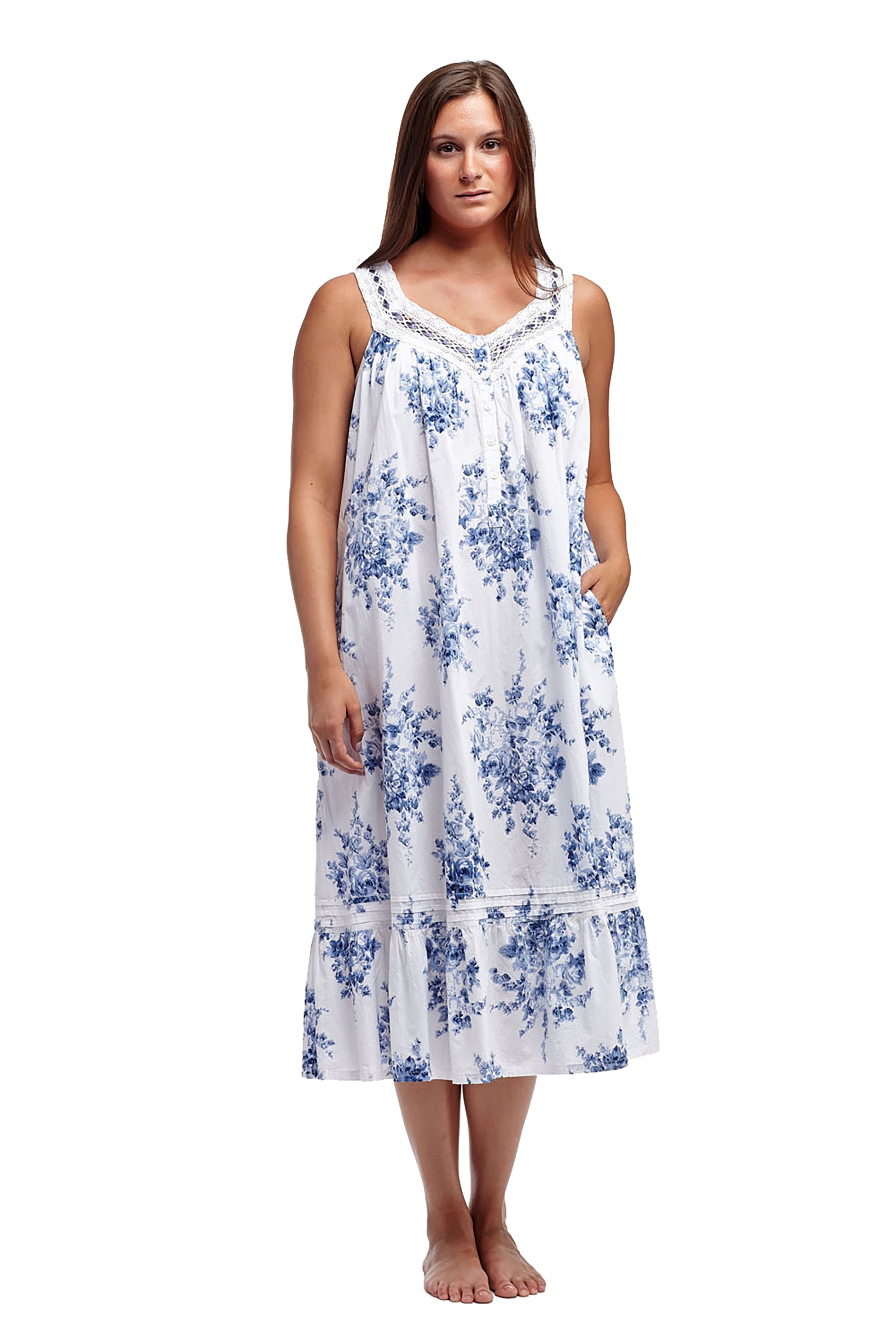 100% Cotton Lace Trim Flounce Gown- Blue and White Floral Print - La Cera