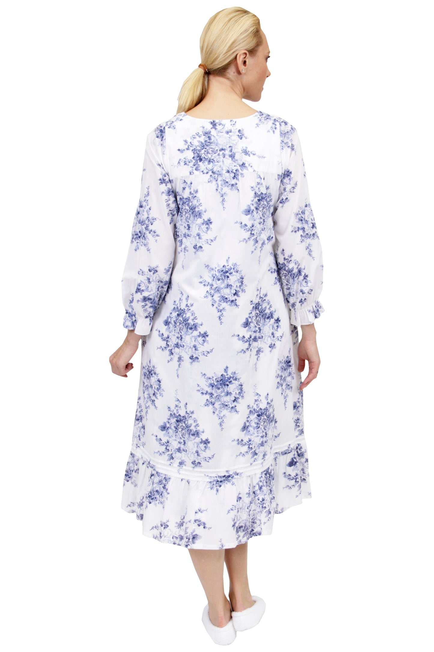100% Cotton Lace Trim Flounce Robe Gown- Blue and White Floral Print - La Cera