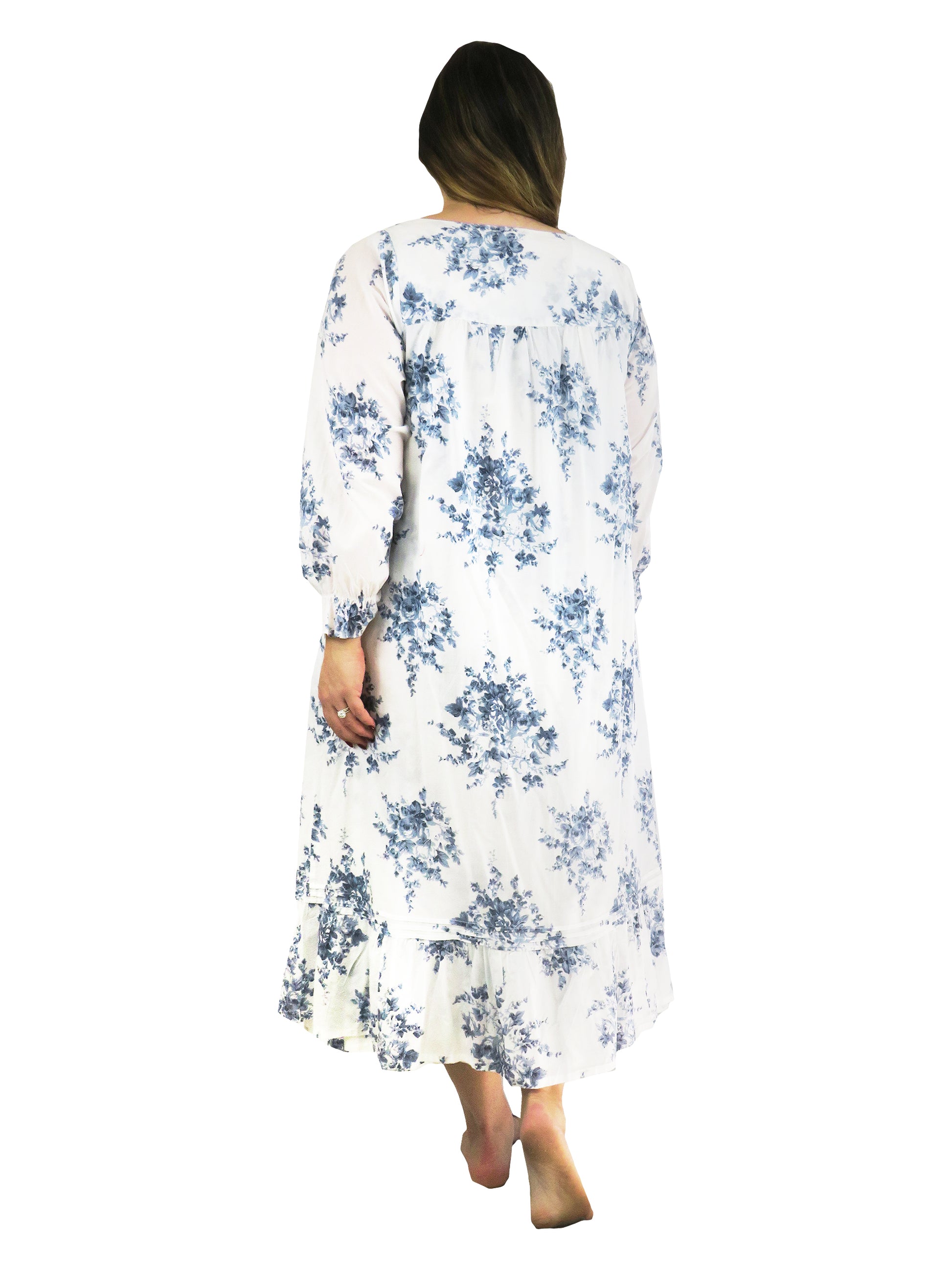 Plus Size 100% Cotton Lace Trim Flounce Robe Gown- Blue and White Floral Print - La Cera
