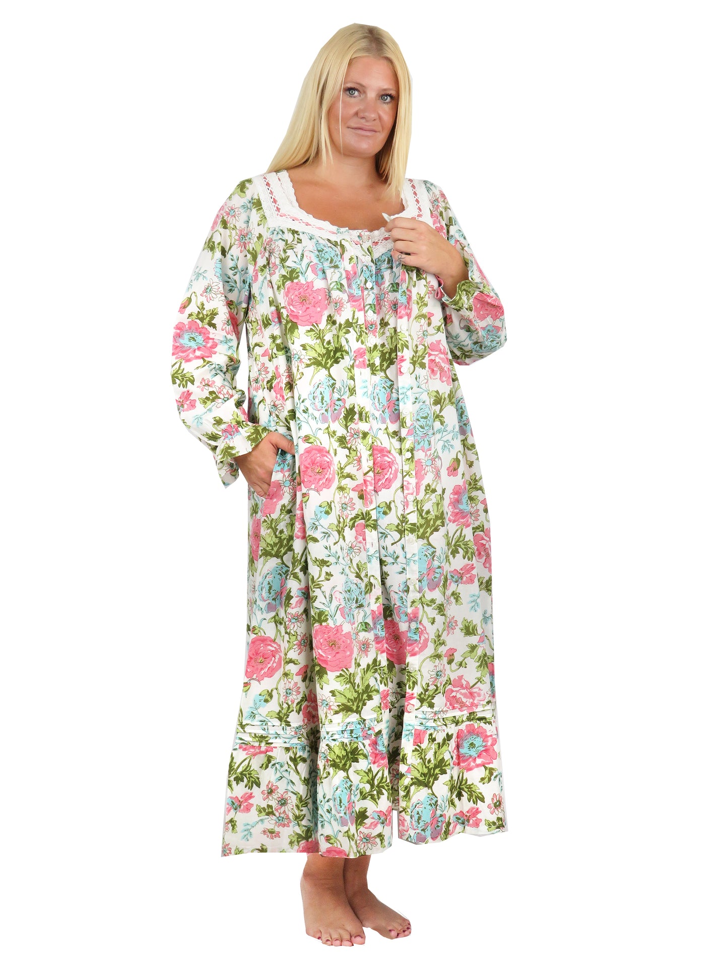 Vestido de talla grande con encaje y estampado de jardín inglés con botones en la parte delantera