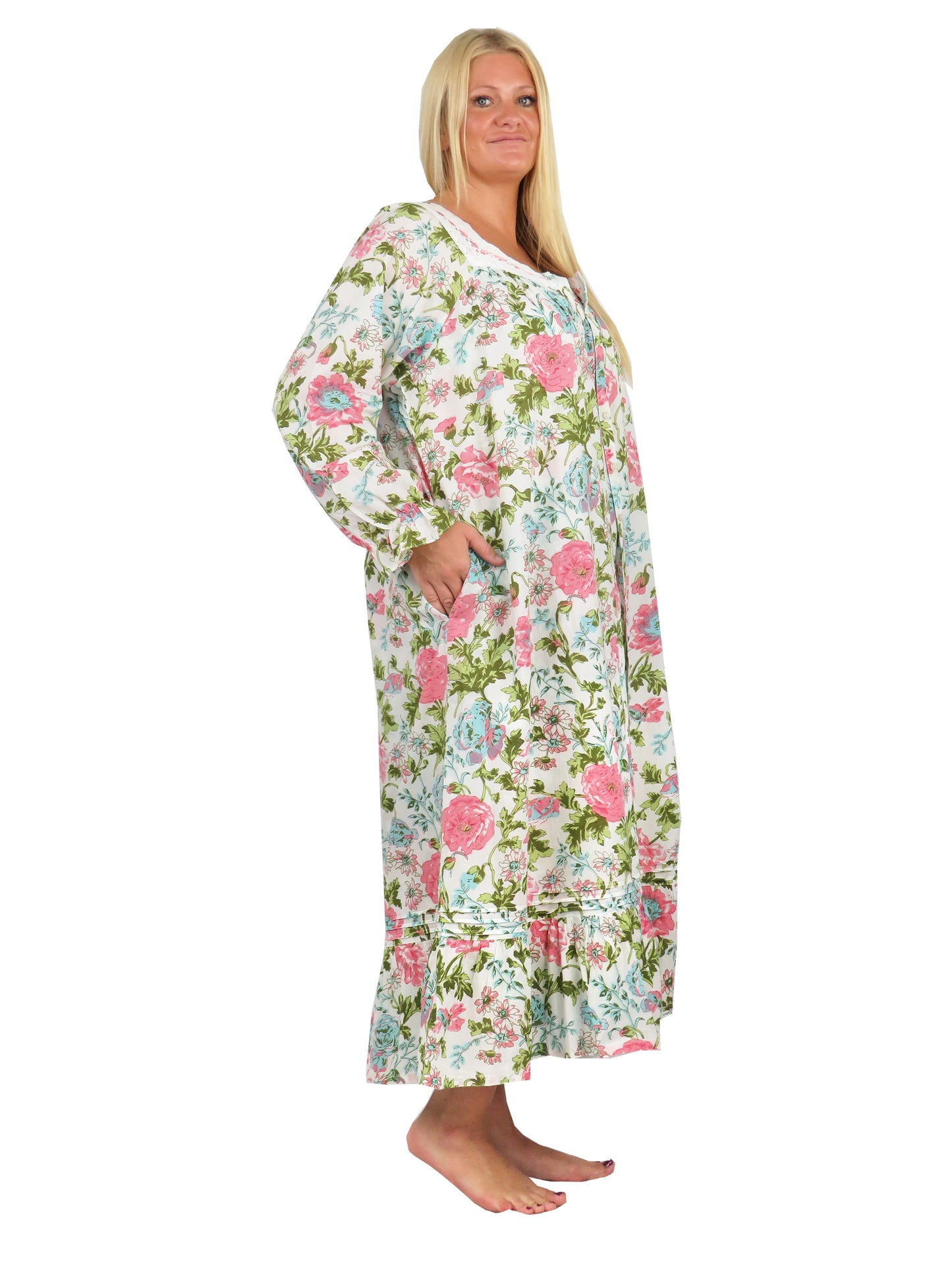 Vestido de talla grande con encaje y estampado de jardín inglés con botones en la parte delantera