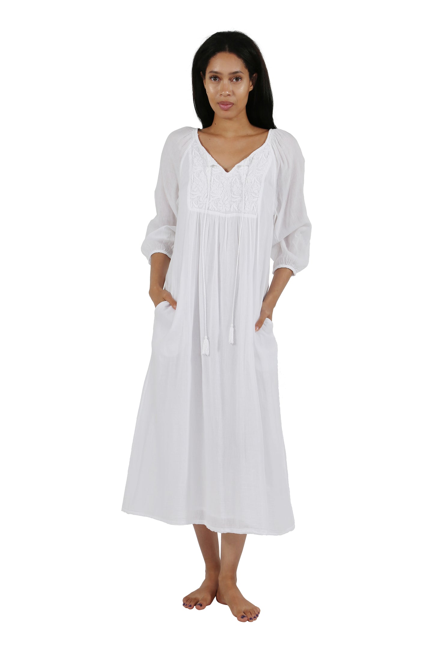 100% Cotton 3/4 Sleeve Embroidered Gown - La Cera