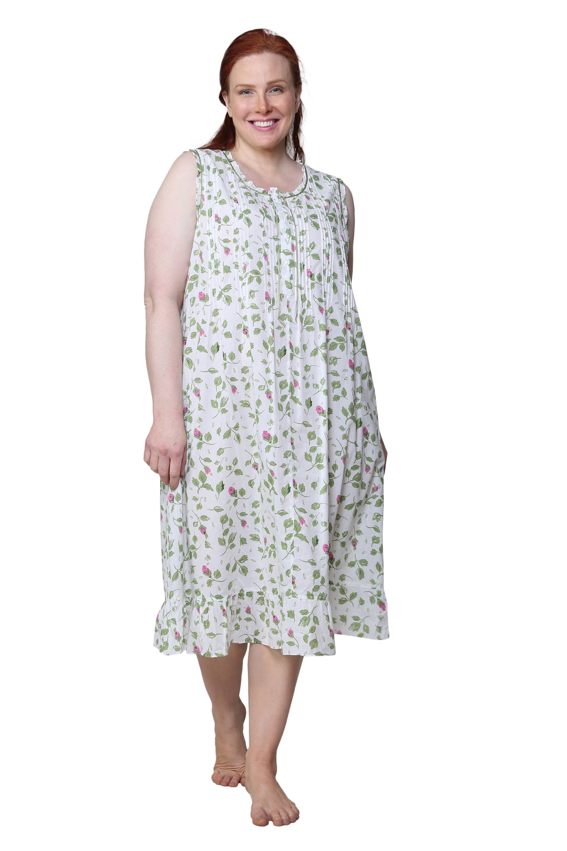La Cera Sleeveless Rose Vine 100% Cotton Gown - Plus Size - La Cera