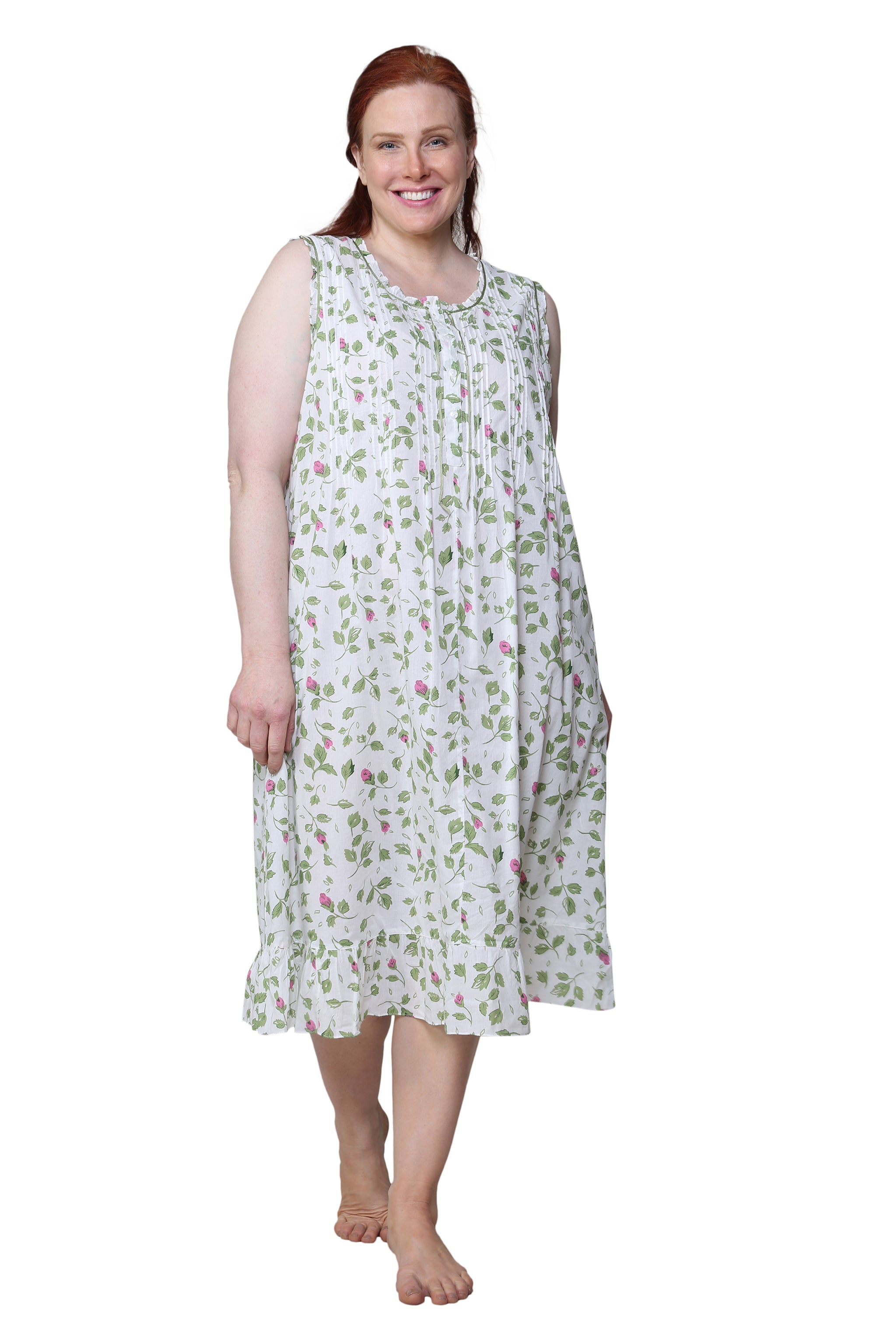La Cera Sleeveless Rose Vine 100% Cotton Gown - Plus Size - La Cera