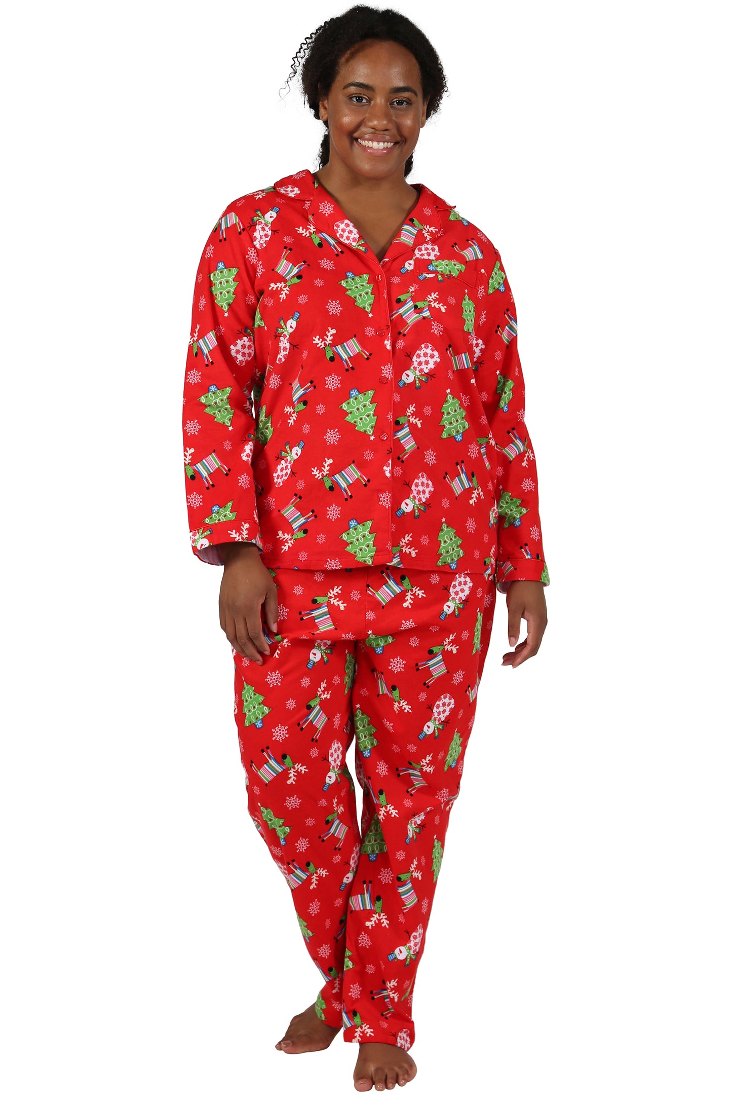 Flannel Red Reindeer Print Plus Size Pajama Set - La Cera