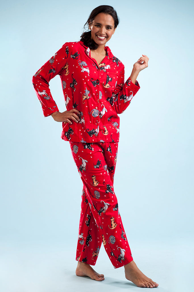 Red Flannel Cat Print Pajama Set - La Cera
