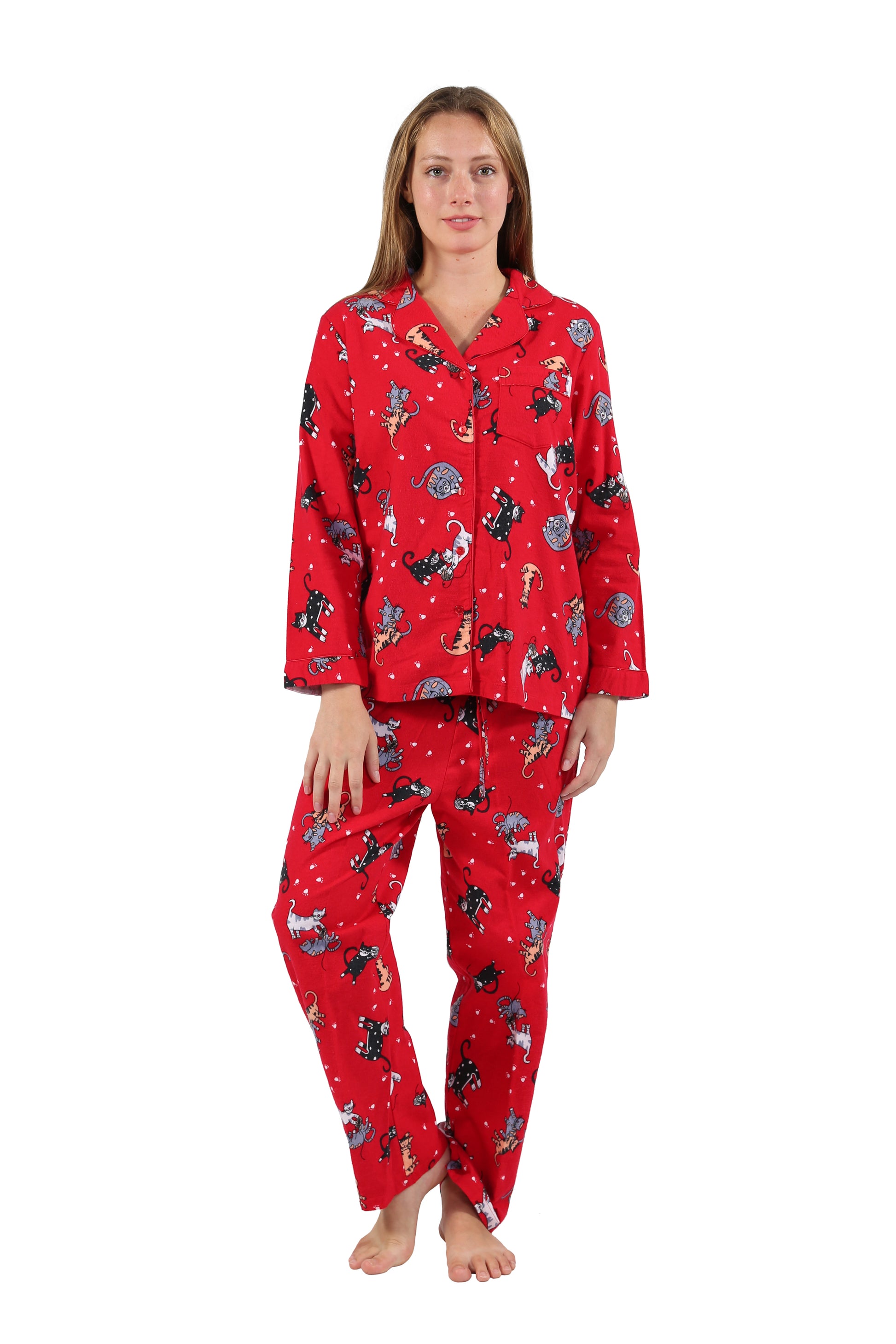 Red Flannel Cat Print Pajama Set - La Cera