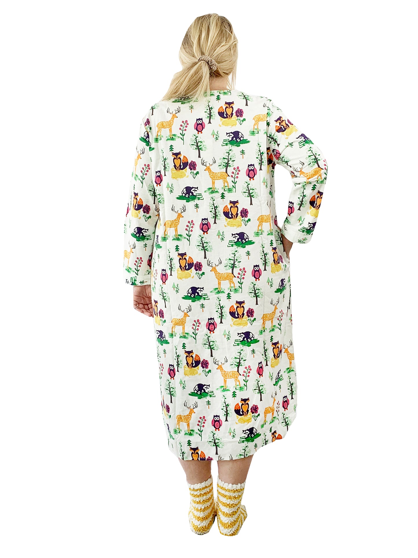 Plus Size Forest Animals Flannel Henley Night Shirt - La Cera