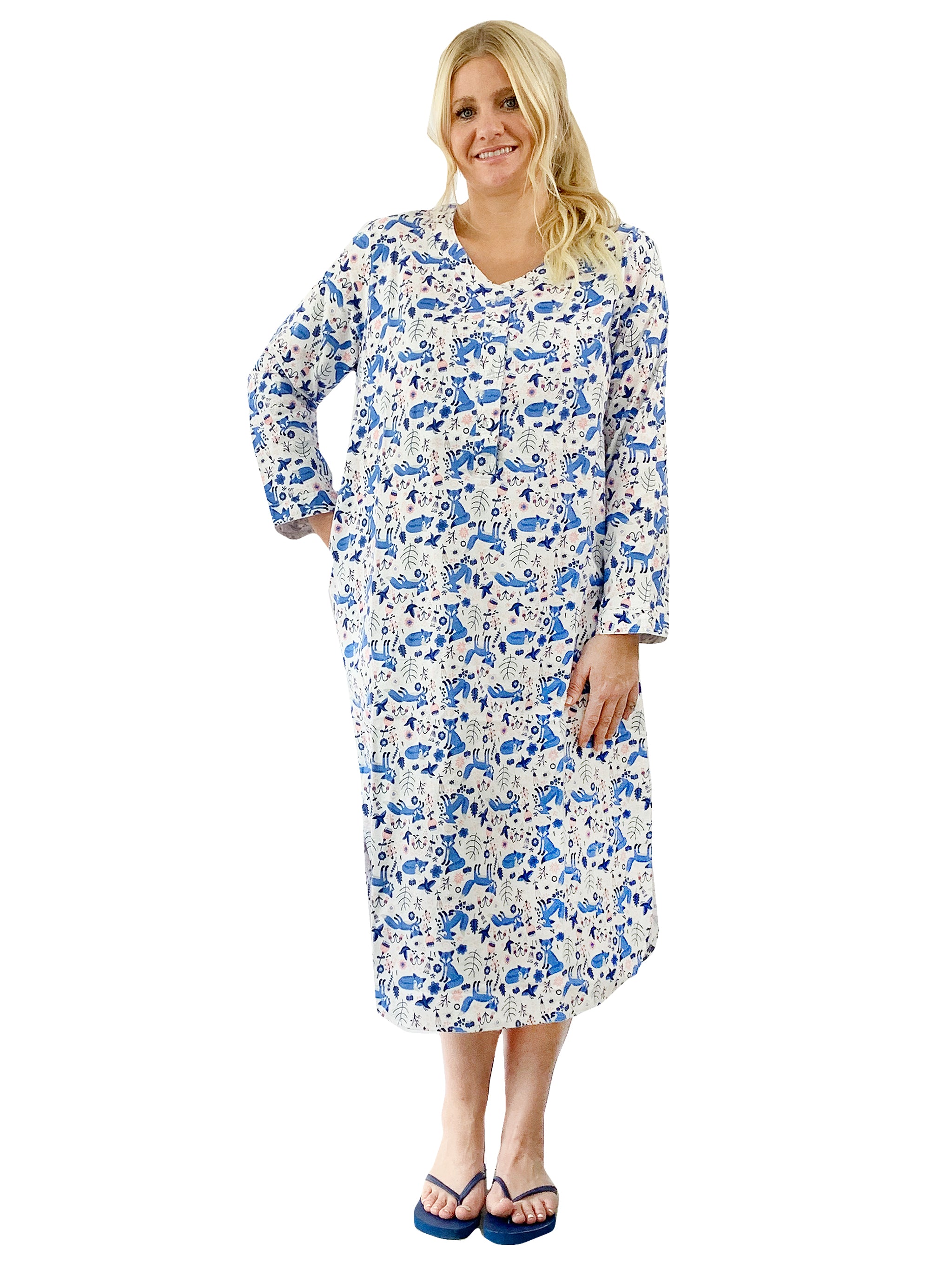 La Cera Plus Size Blue Fox Flannel Henley Night Shirt - La Cera