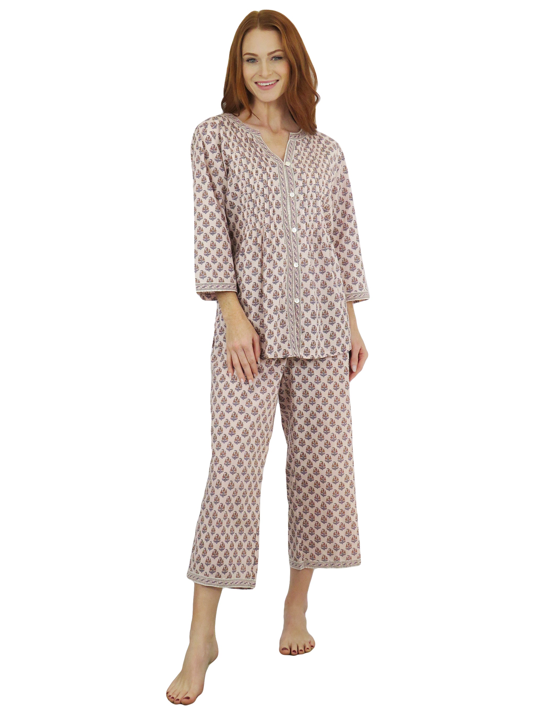La Cera Floral 3/4 Sleeve Pleat Front Capri Pajama Set - La Cera