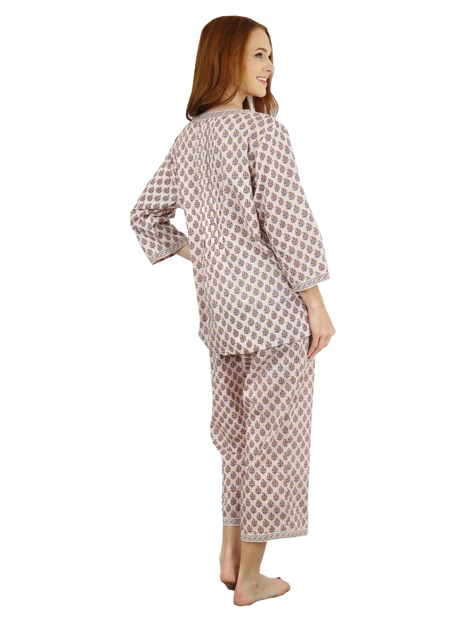 La Cera Floral 3/4 Sleeve Pleat Front Capri Pajama Set - La Cera