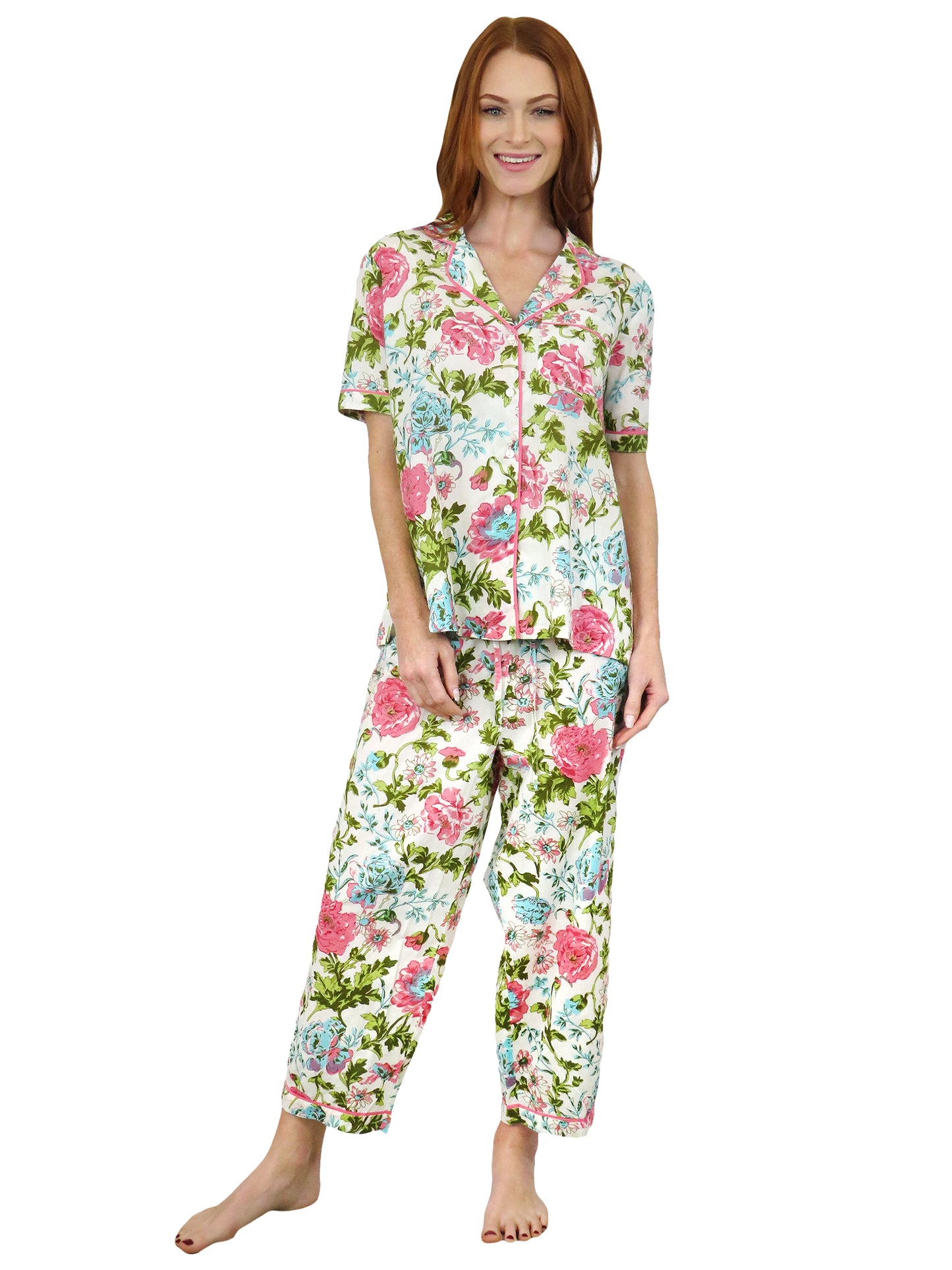 La Cera Short Sleeve English Garden Print Cotton Pajama Set - La Cera