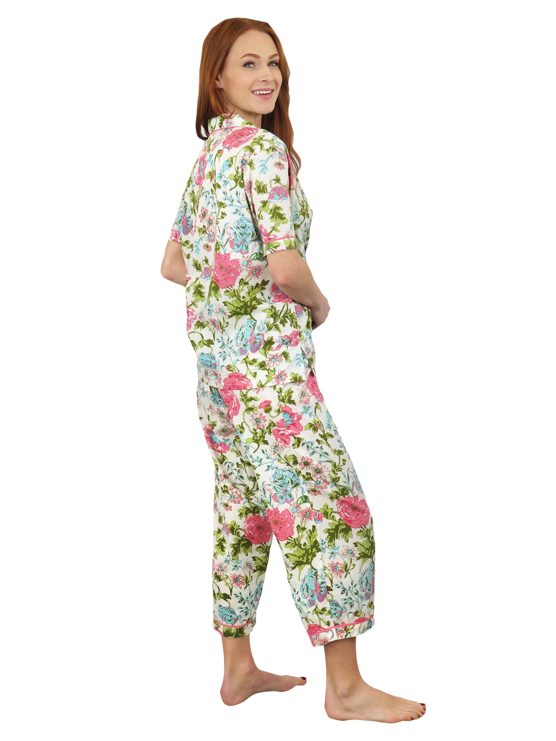 La Cera Short Sleeve English Garden Print Cotton Pajama Set - La Cera