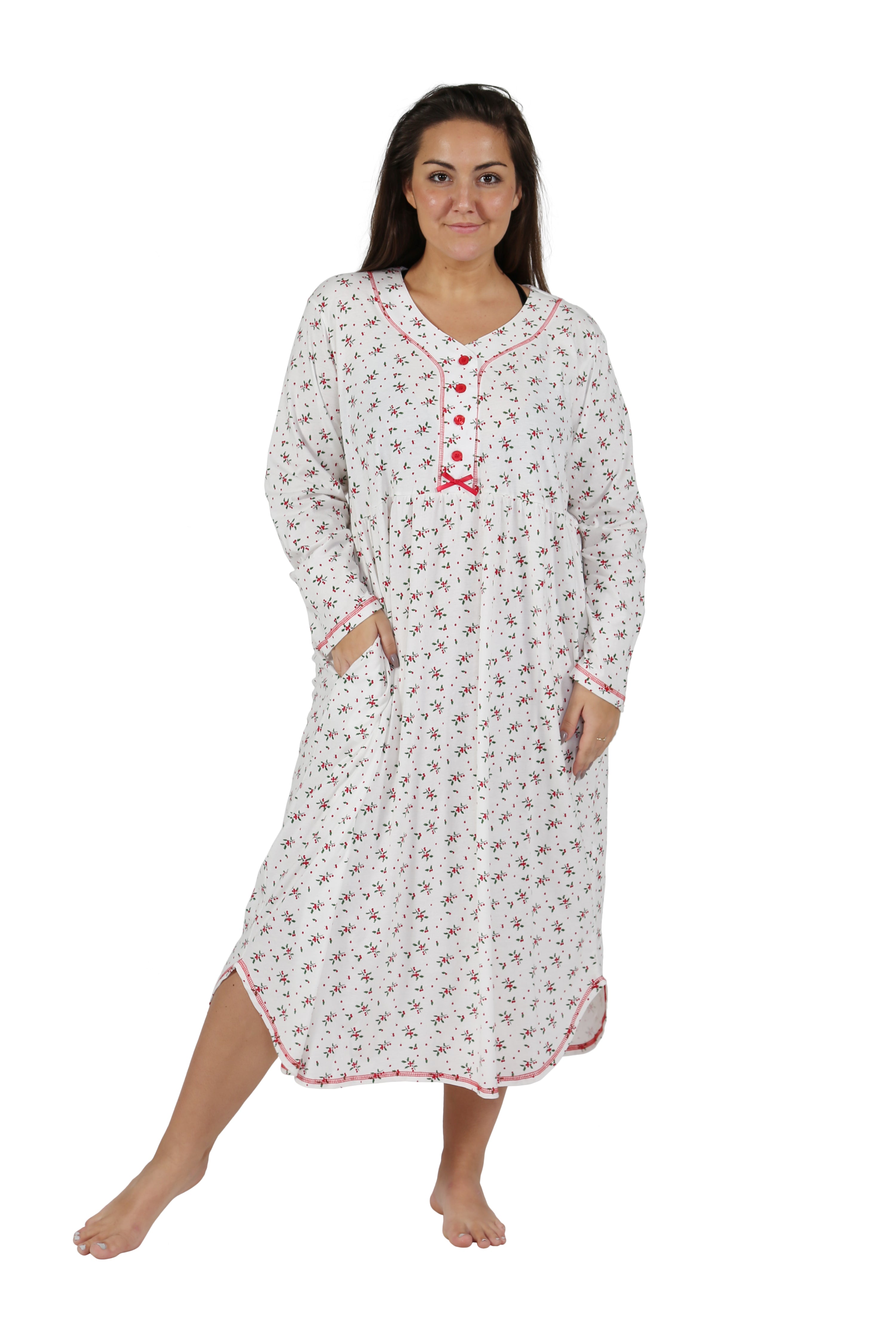 La Cera Plus Size 100% Cotton Knit Mistletoe Print Nightshirt - La Cera