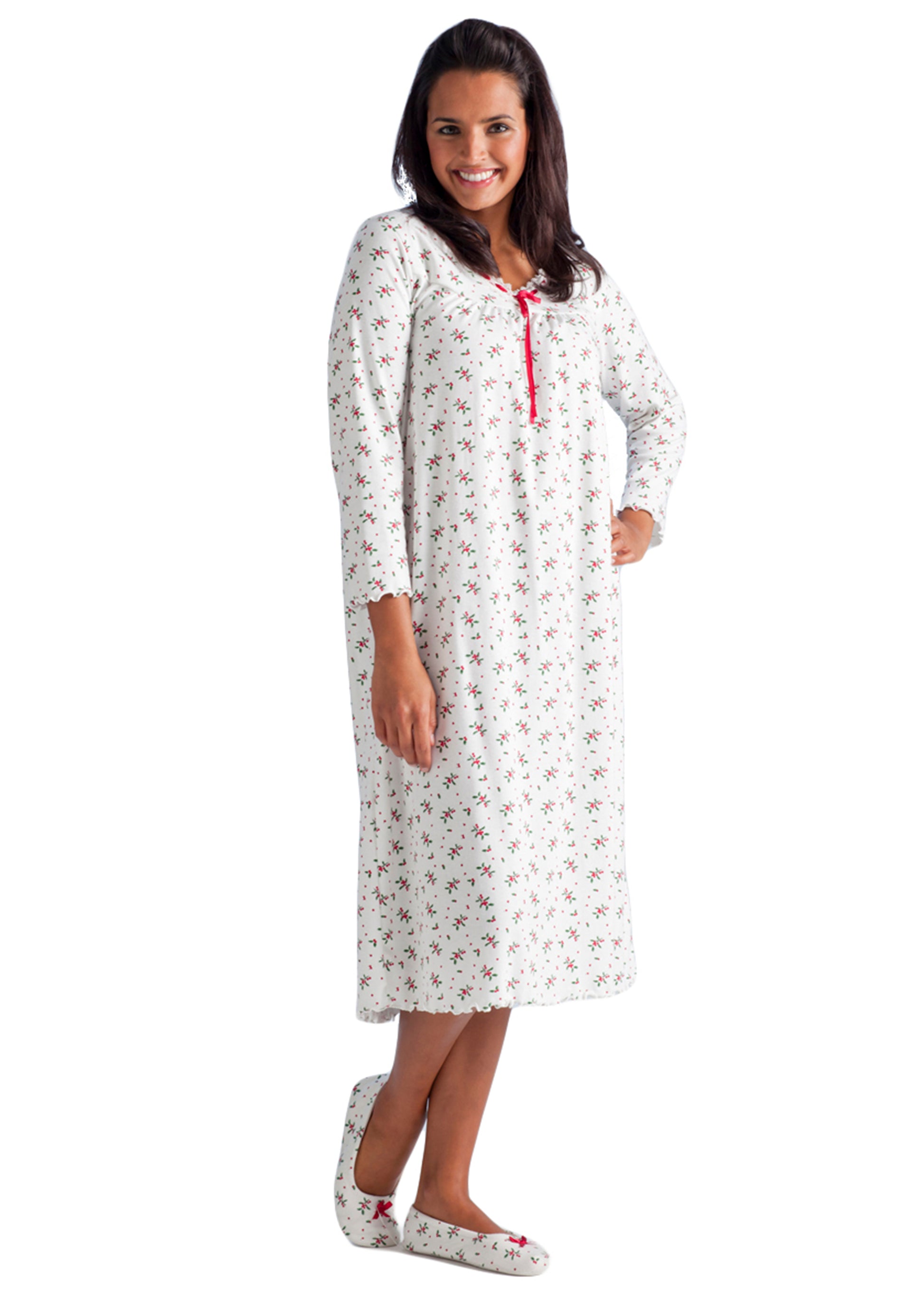 Long Sleeve Cotton Knit Mistletoe Nightgown - La Cera