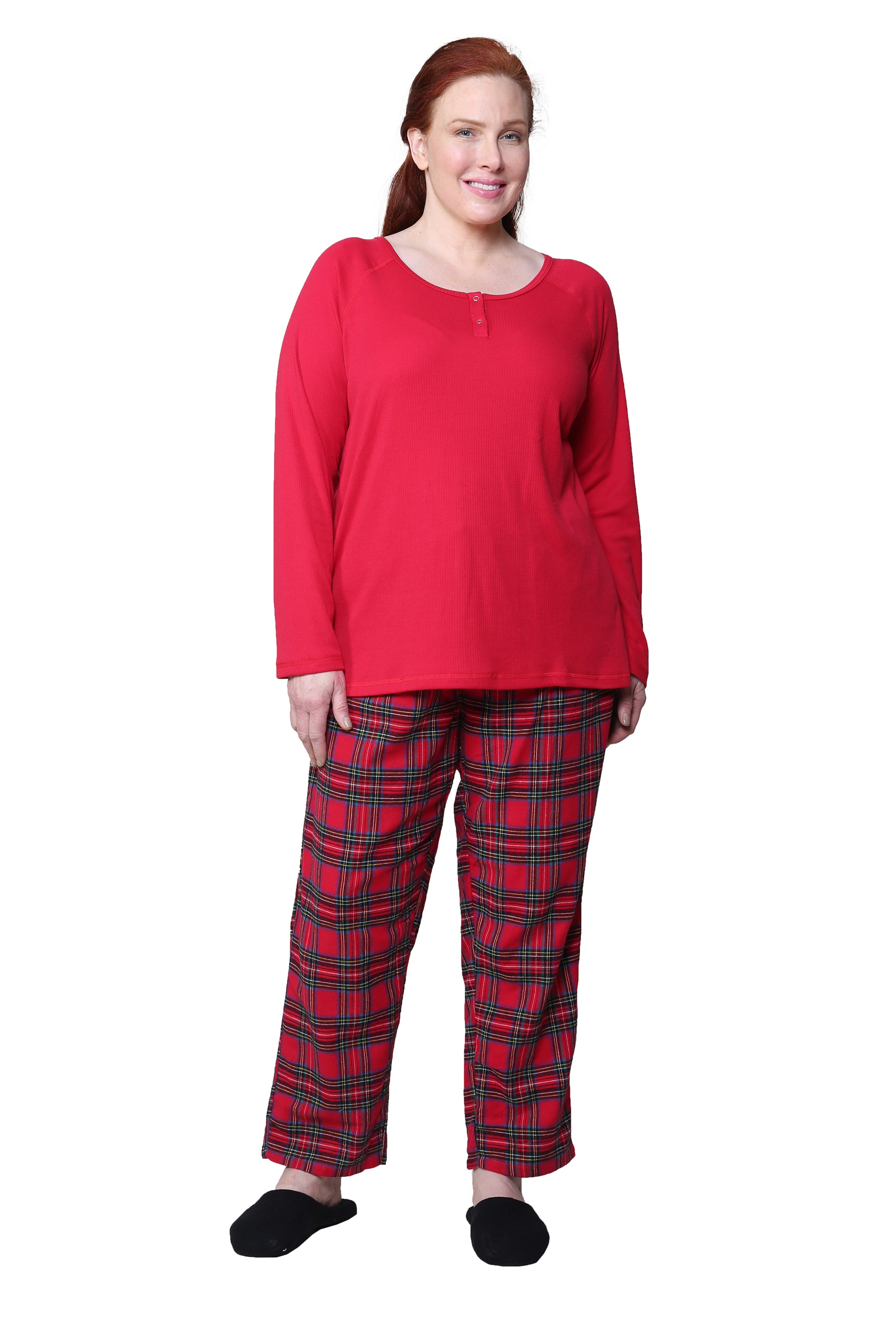 Cotton Knit Top With Flannel Pajama Set - La Cera