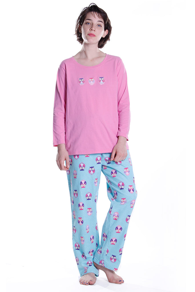 Owl Print Flannel Pajama Set - La Cera