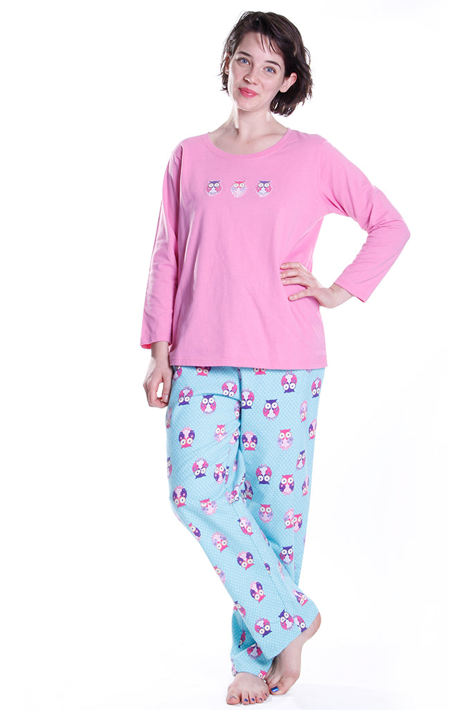 Owl Print Flannel Pajama Set - La Cera