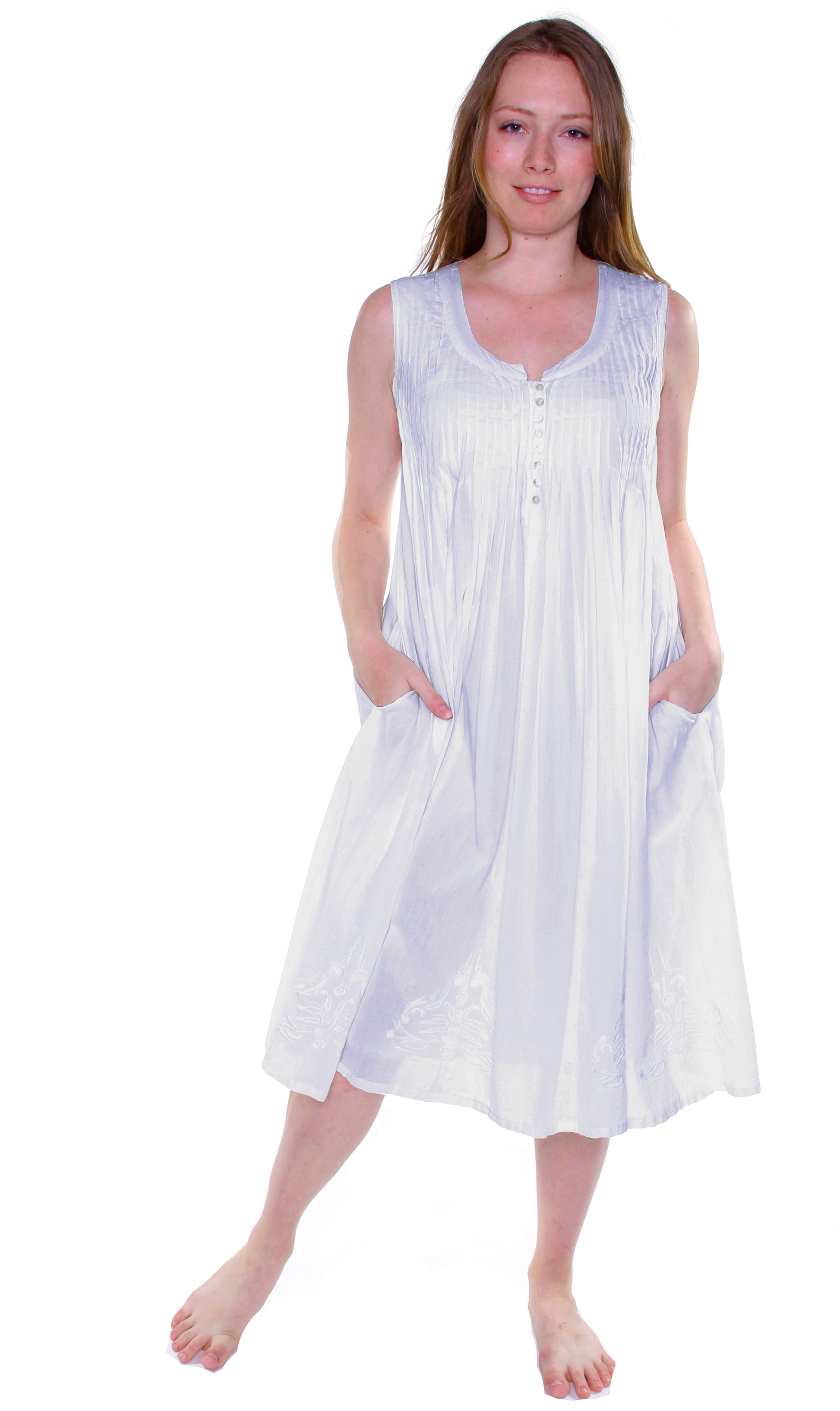 La Cera 100% Cotton Sleeveless Dress with Hem Embroidery - La Cera