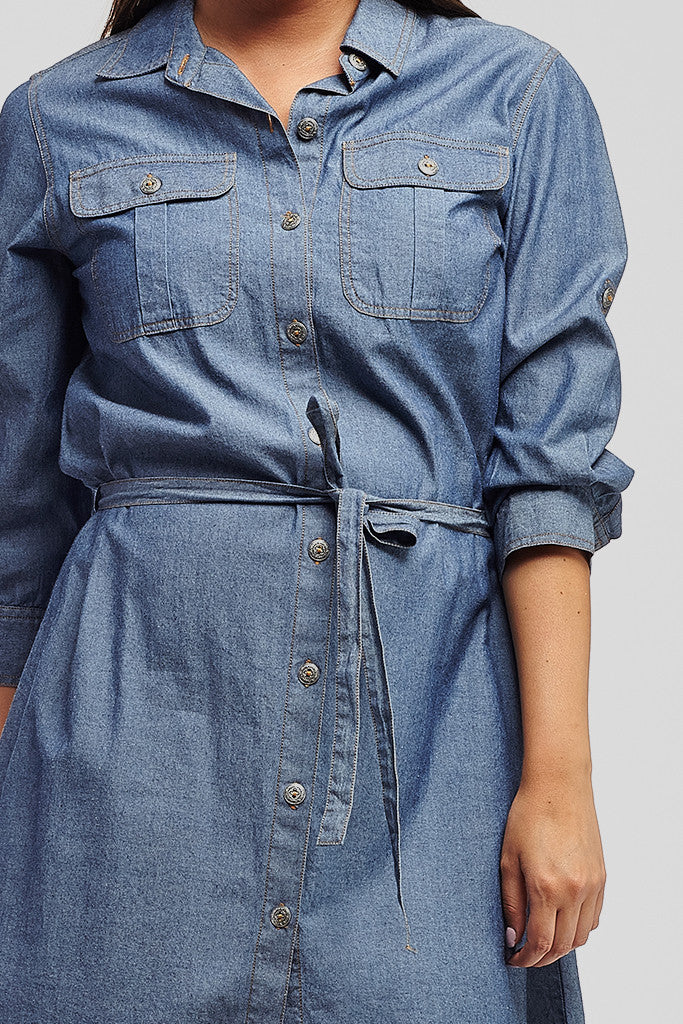 La Cera 3/4 Denim Shirt Dress - La Cera - 2