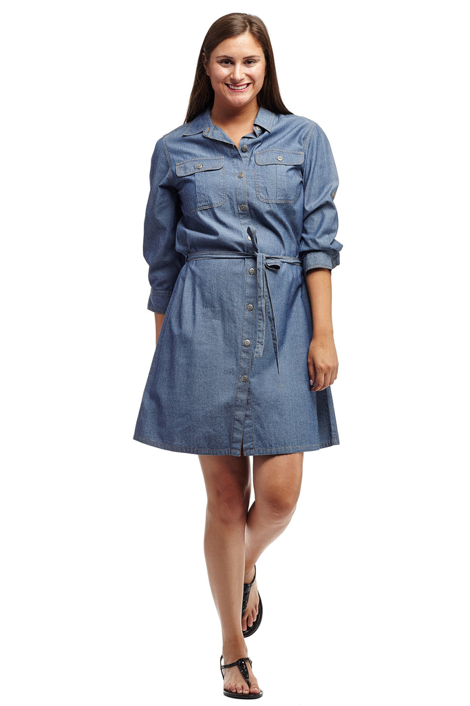 Denim Belted Shirt Dress - La Cera