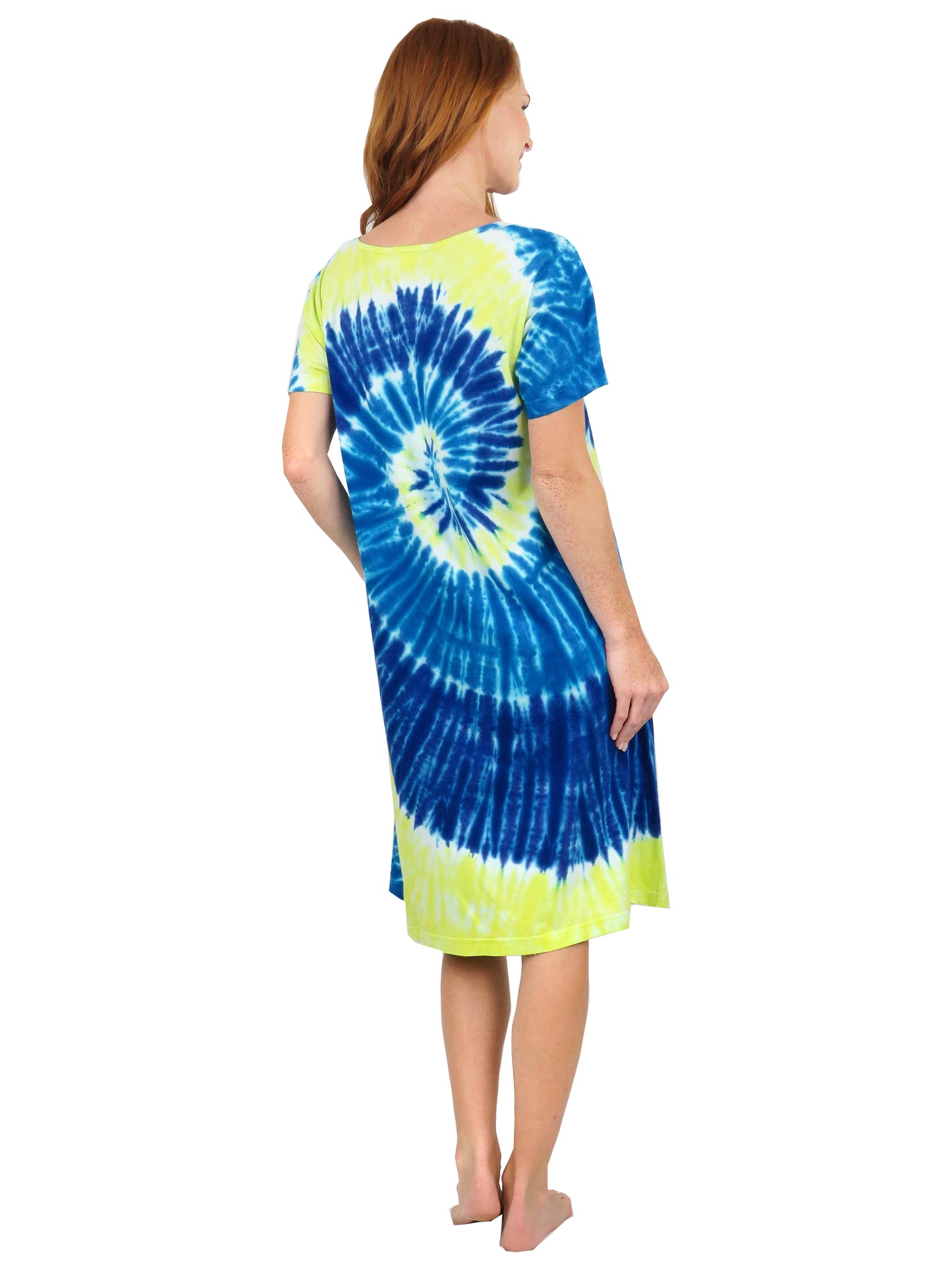 La Cera Cotton Knit Short Sleeve Blue Yellow Tie-Dye Dress - La Cera
