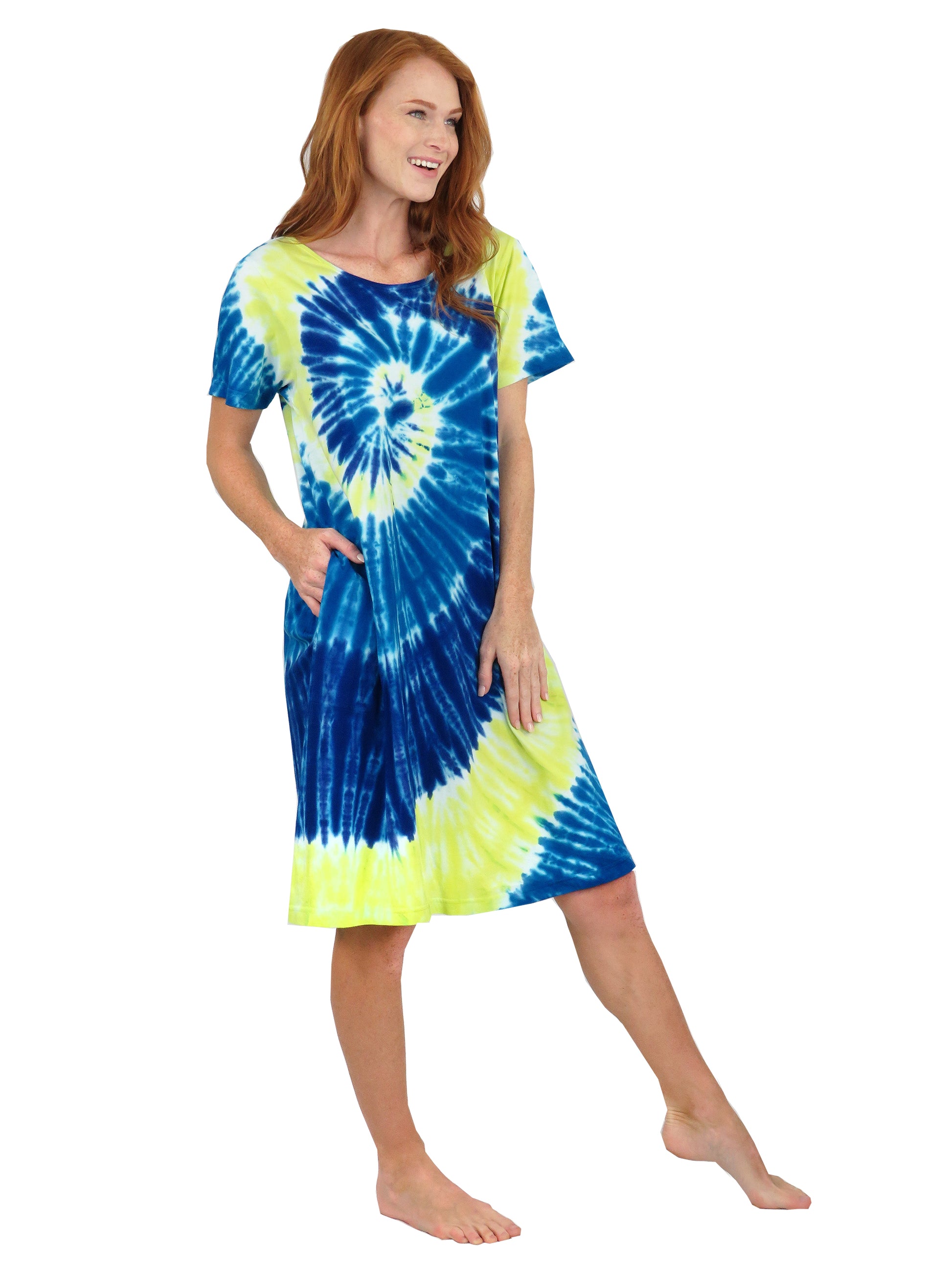La Cera Cotton Knit Short Sleeve Blue Yellow Tie-Dye Dress - La Cera