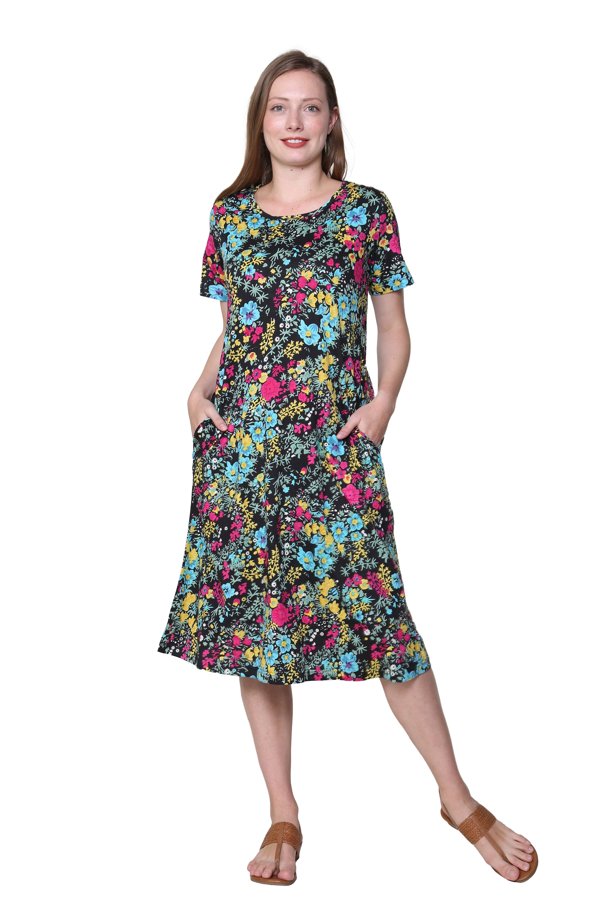 La Cera Floral Printed A-Line Knit Dress - La Cera