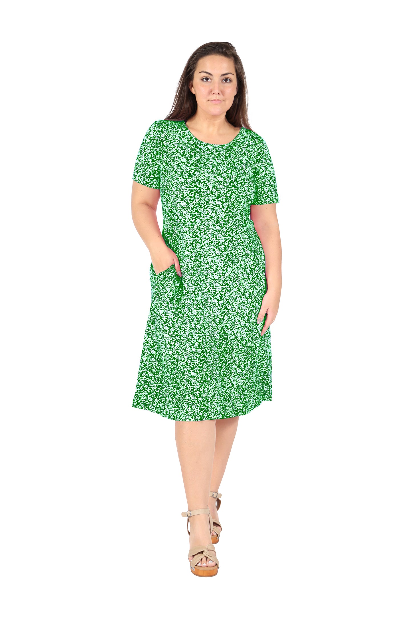 Short Sleeve Cotton Knit Floral A-Line Dress - La Cera