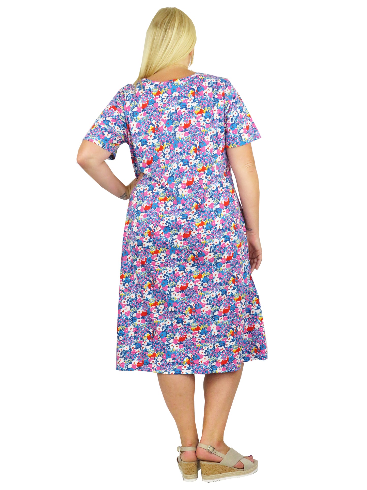 Plus Size Turq/Pink Floral Cotton Jersey A-line Dress - La Cera