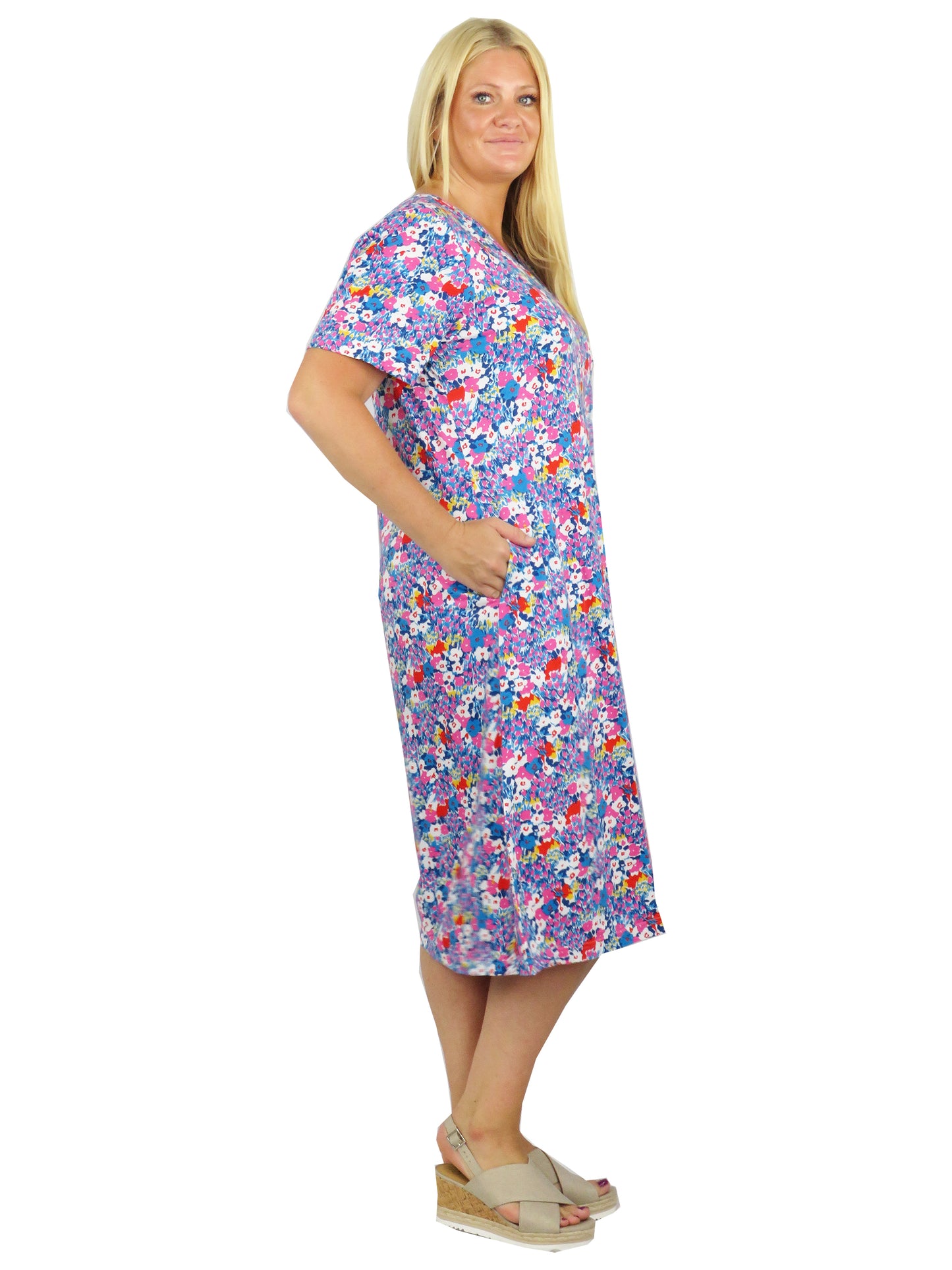 Plus Size Turq/Pink Floral Cotton Jersey A-line Dress - La Cera