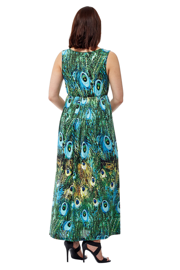 La Cera Peacock Printed Sleevless Maxi Dress - La Cera