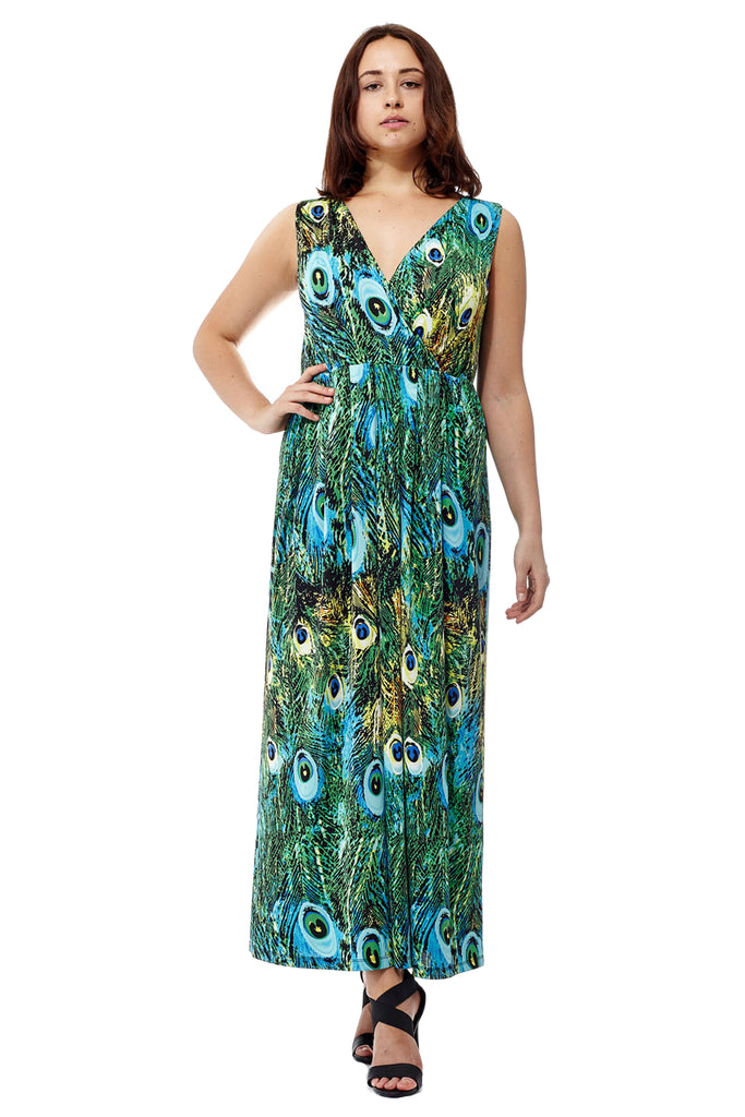 La Cera Peacock Printed Sleevless Maxi Dress - La Cera