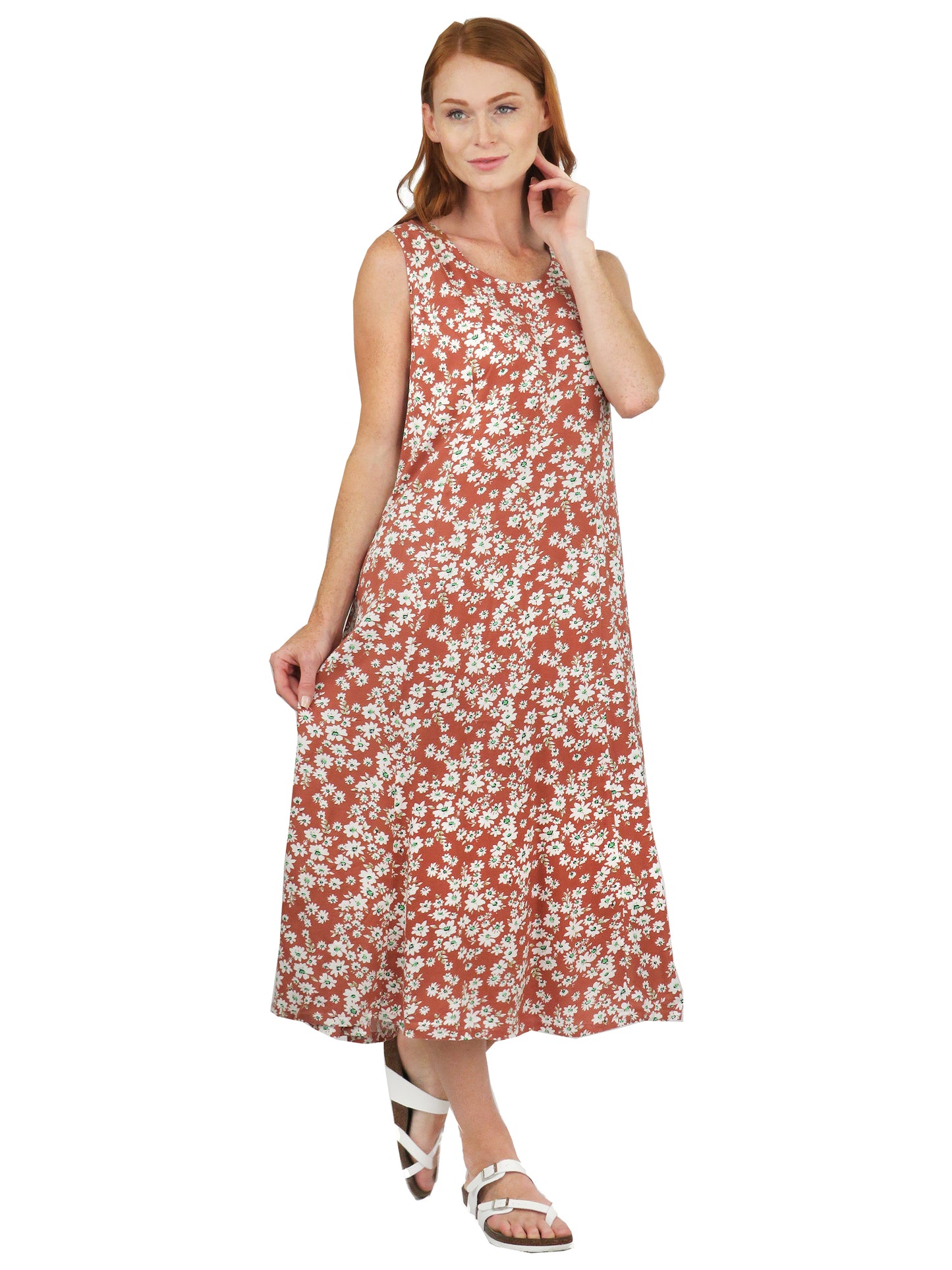 Vestido evasé de rayón con estampado floral canela
