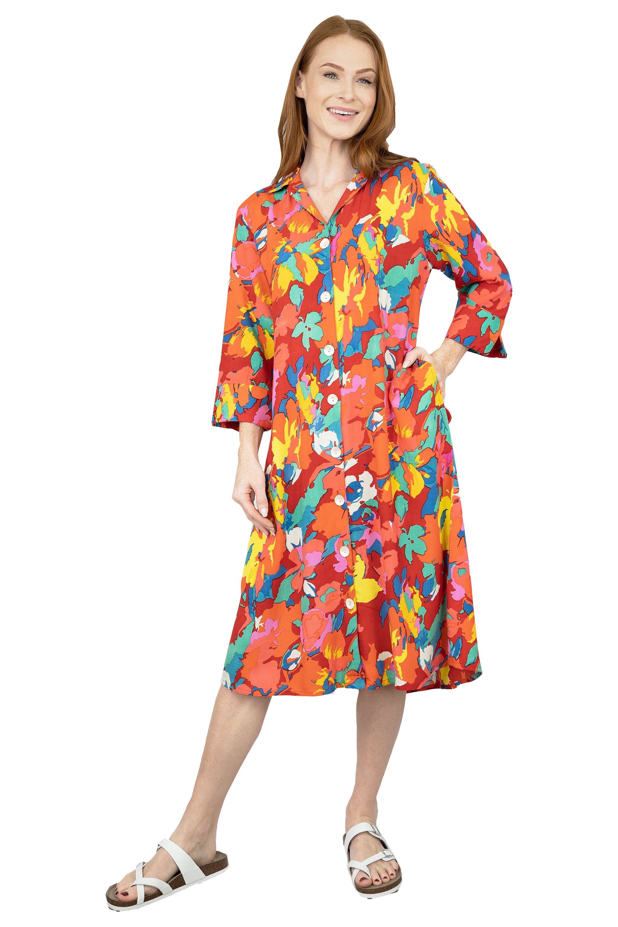 La Cera Summer Floral Printed Button Front Shirt Dress - La Cera