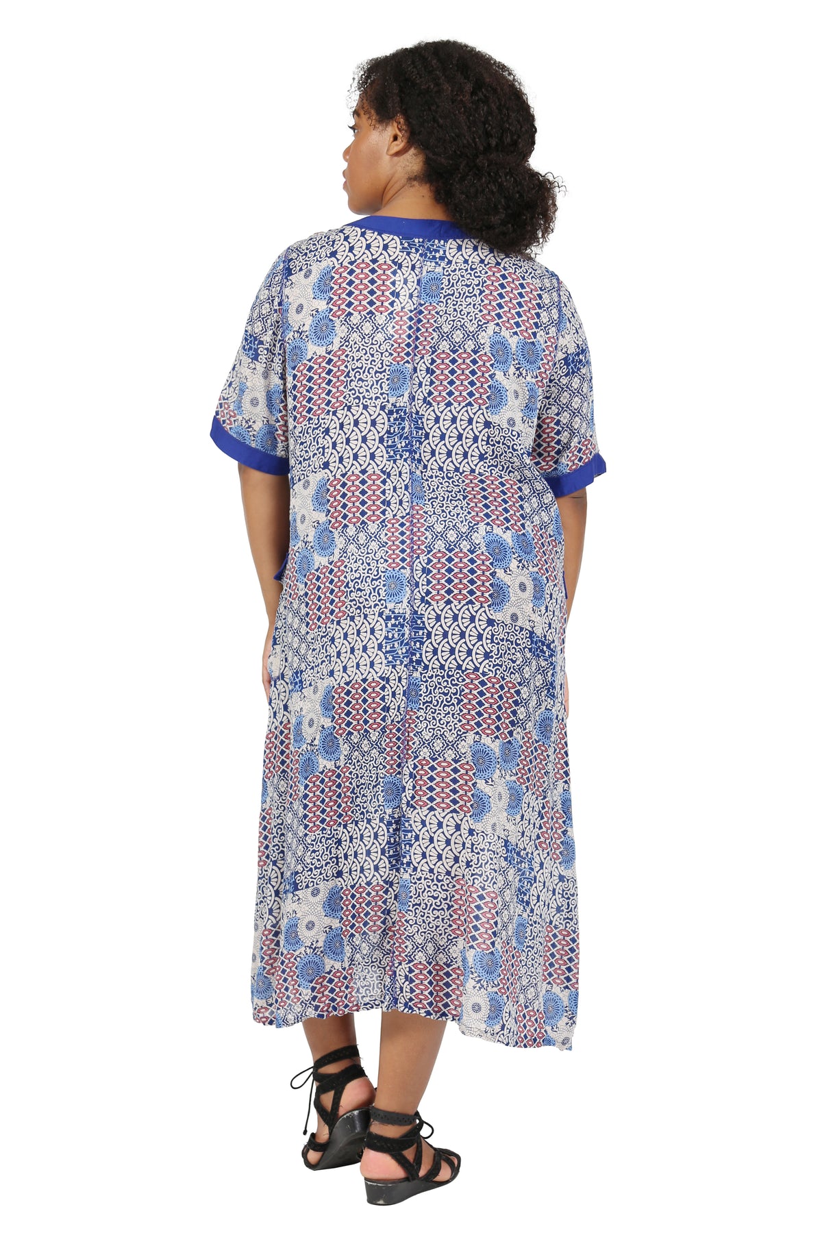 La Cera Blue Patchwork Plus Size Short Sleeve Dress - La Cera