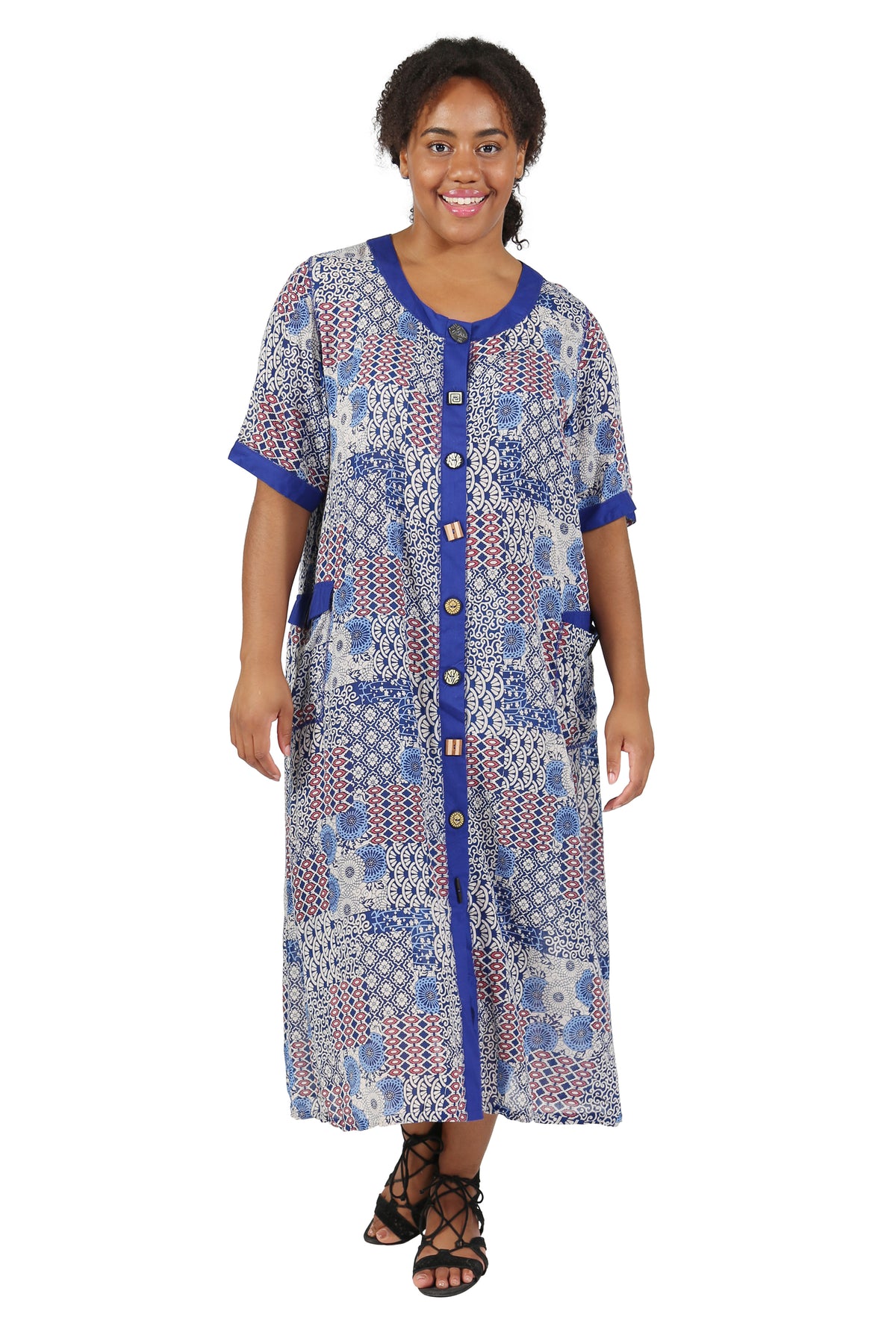 La Cera Blue Patchwork Plus Size Short Sleeve Dress - La Cera
