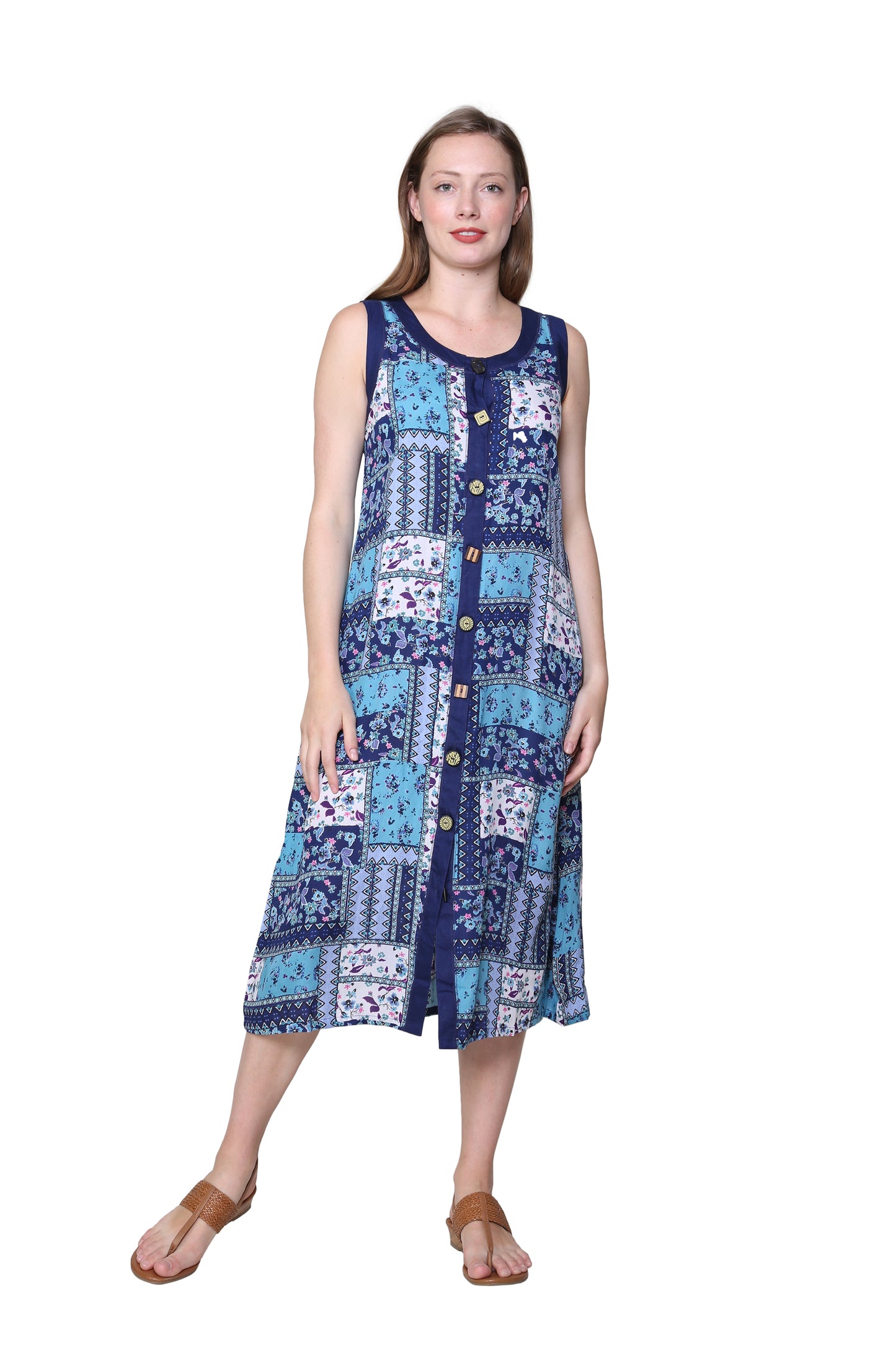 Novelty Button Patchwork Rayon Print Dress